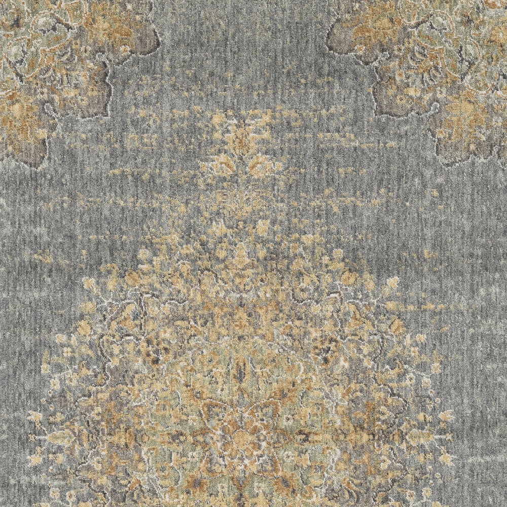 8' Slate Gray And Orange Wool Medallion Distressed Runner Rug-Area Rugs-DECOROLALA