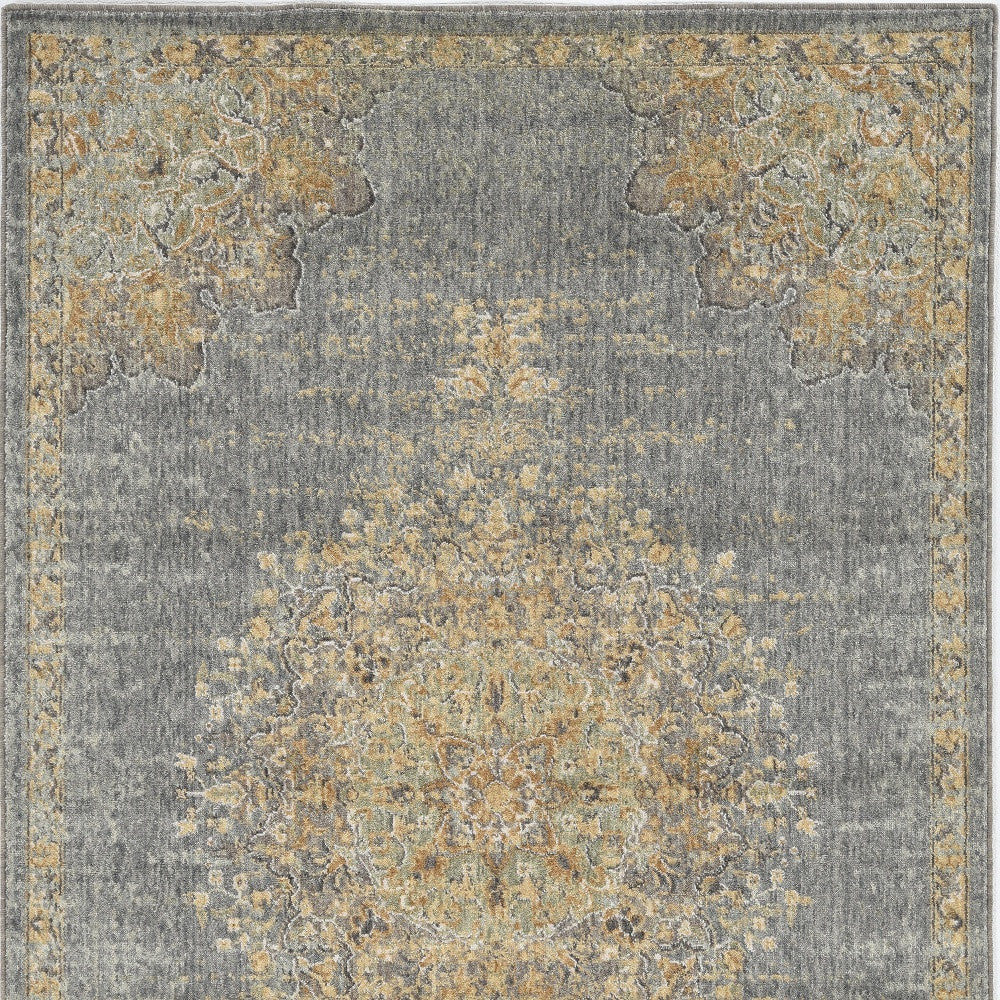 8' Slate Gray And Orange Wool Medallion Distressed Runner Rug-Area Rugs-DECOROLALA