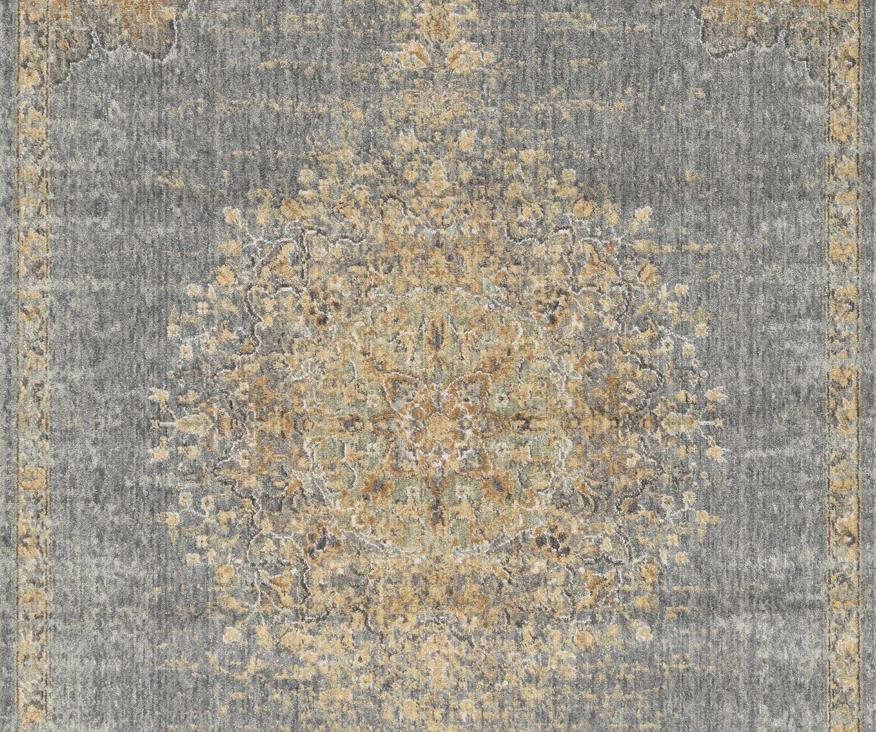 8' Slate Gray And Orange Wool Medallion Distressed Runner Rug-Area Rugs-DECOROLALA