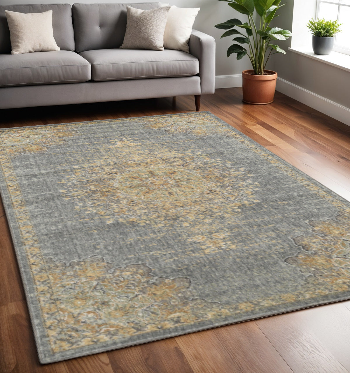 8' Slate Gray And Orange Wool Medallion Distressed Runner Rug-Area Rugs-DECOROLALA