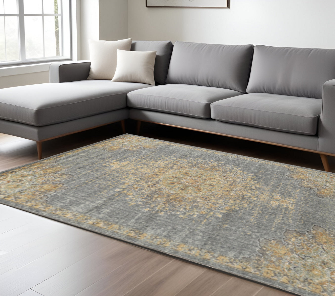 8' Slate Gray And Orange Wool Medallion Distressed Runner Rug-Area Rugs-DECOROLALA