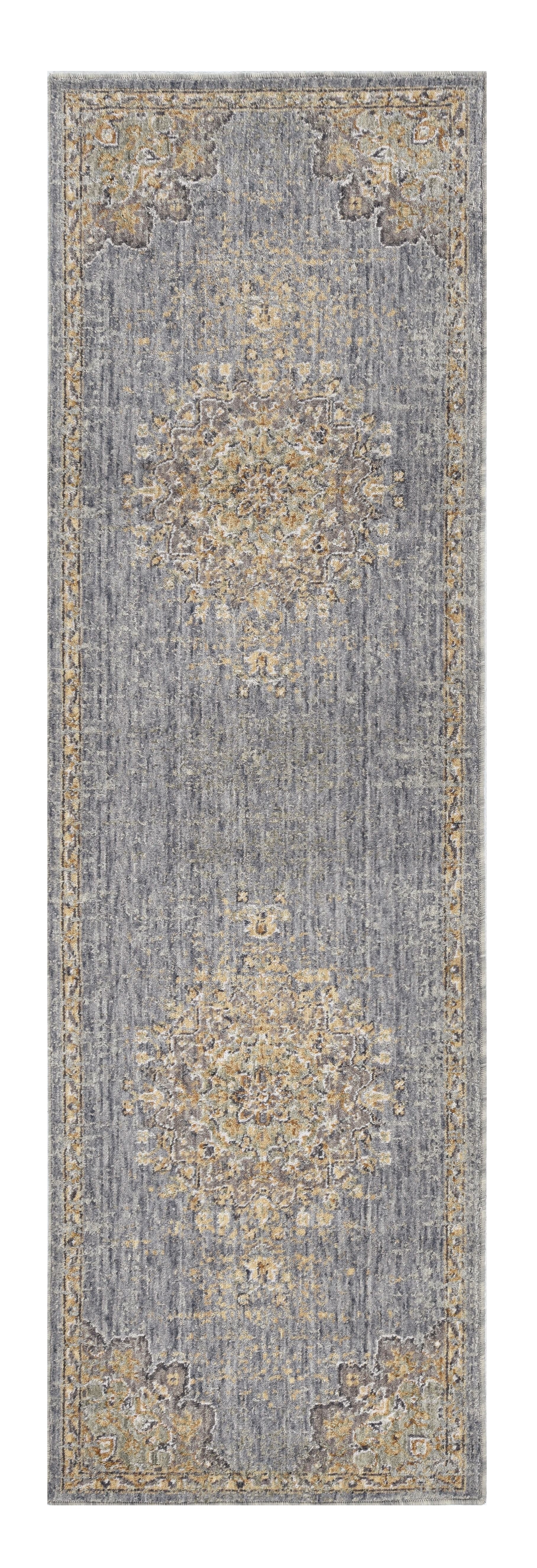 8' Slate Gray And Orange Wool Medallion Distressed Runner Rug-Area Rugs-DECOROLALA