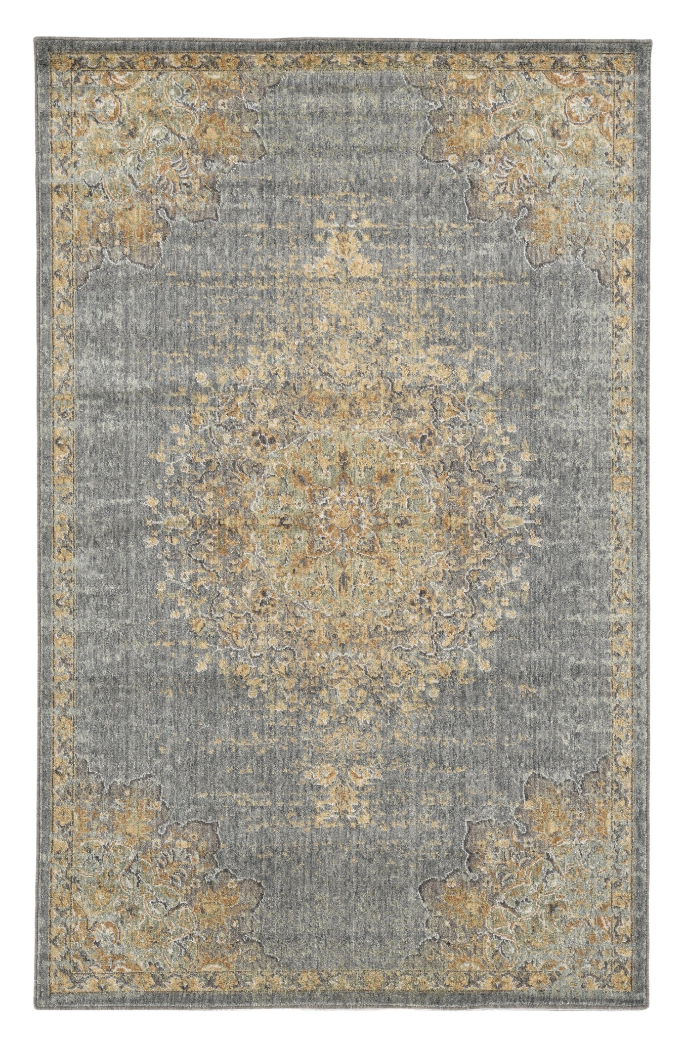 8' Slate Gray And Orange Wool Medallion Distressed Runner Rug-Area Rugs-DECOROLALA