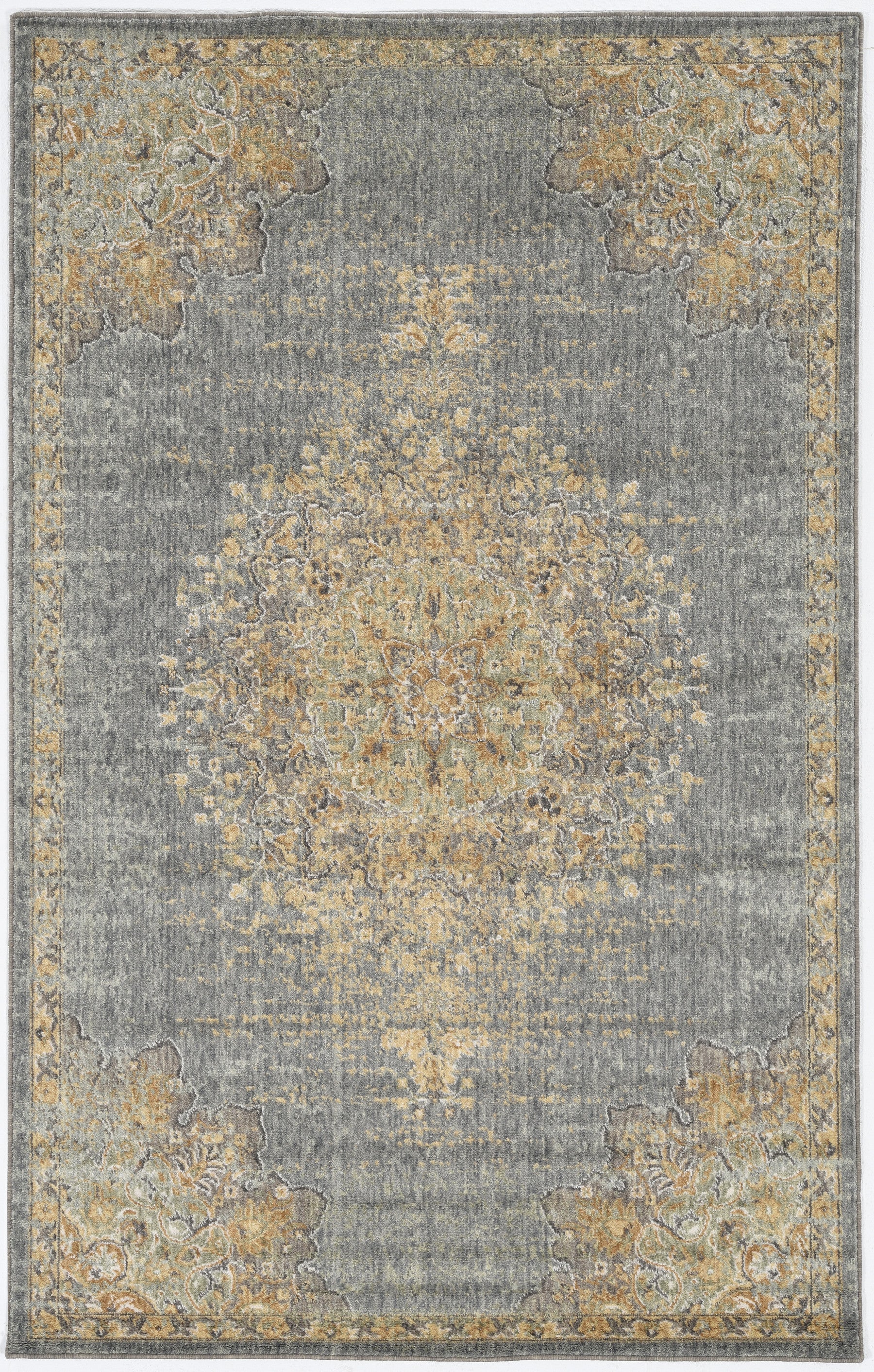 8' Slate Gray And Orange Wool Medallion Distressed Runner Rug-Area Rugs-DECOROLALA