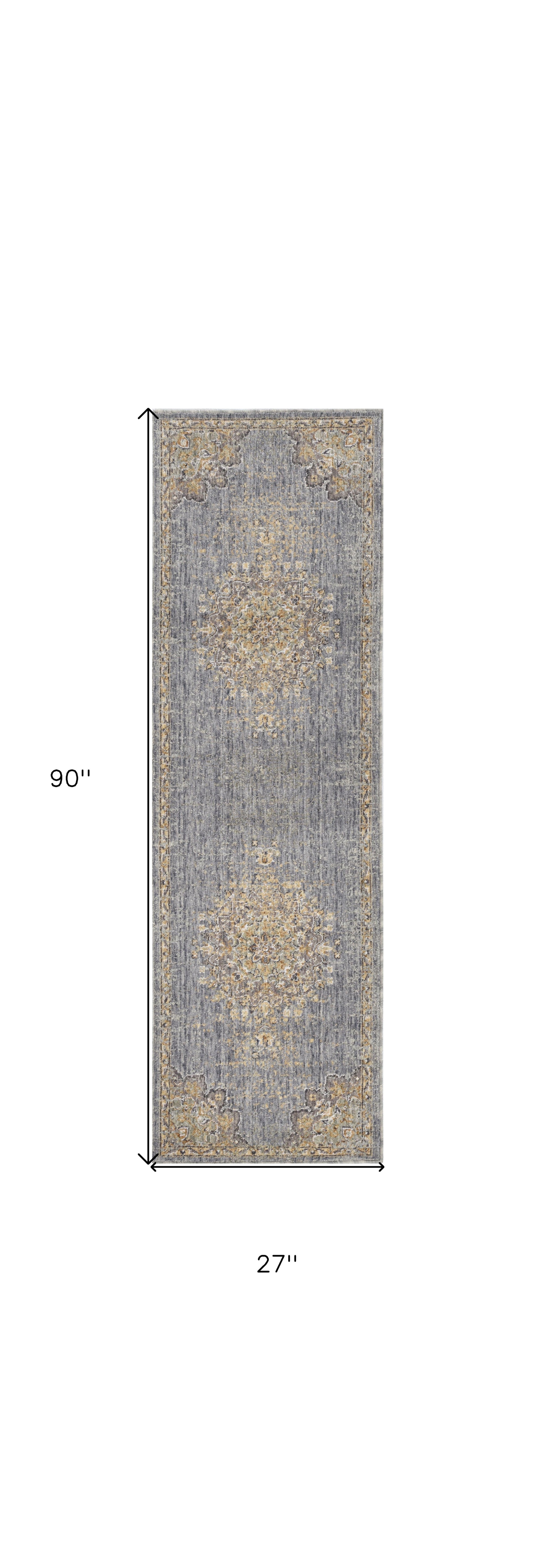 8' Slate Gray And Orange Wool Medallion Distressed Runner Rug-Area Rugs-DECOROLALA