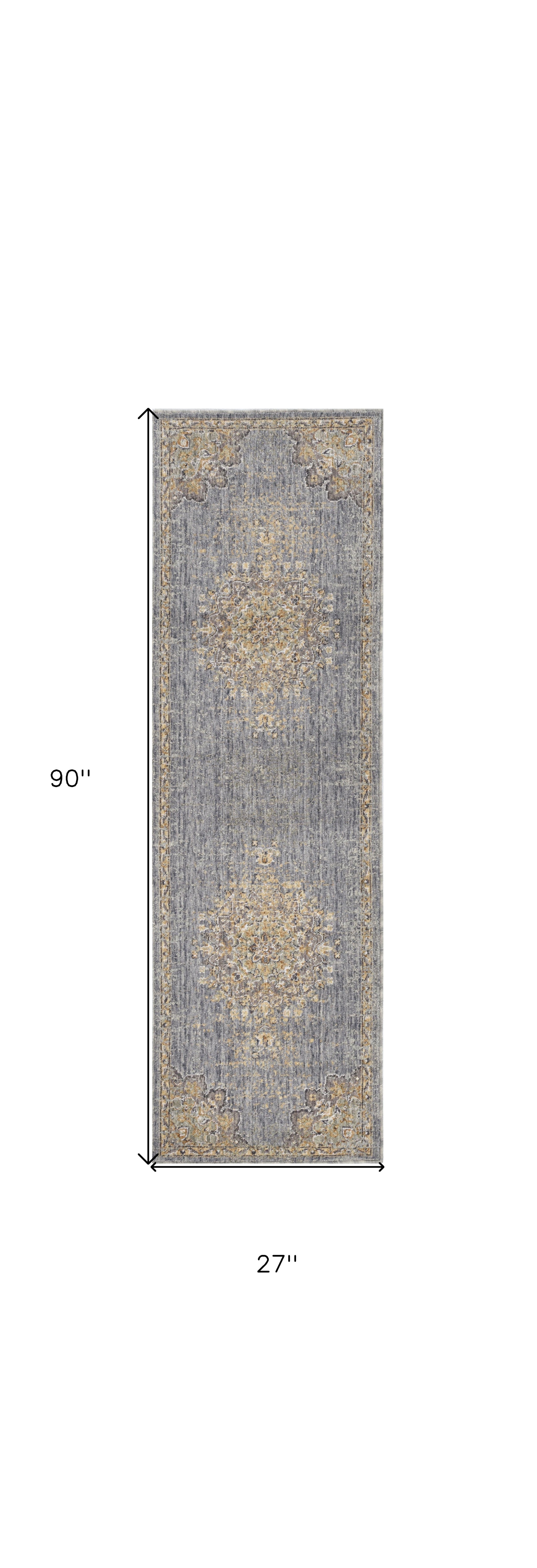 8' Slate Gray And Orange Wool Medallion Distressed Runner Rug-Area Rugs-DECOROLALA