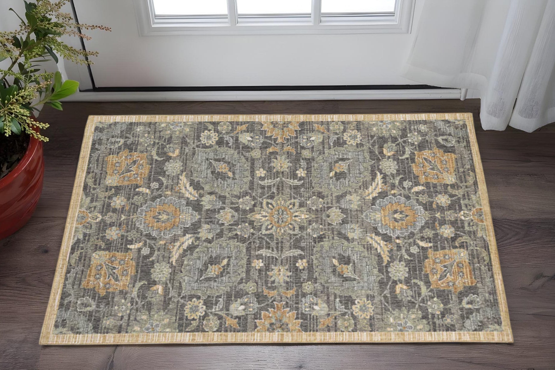 8' Taupe Orange And Gray Wool Floral Distressed Runner Rug-Area Rugs-DECOROLALA