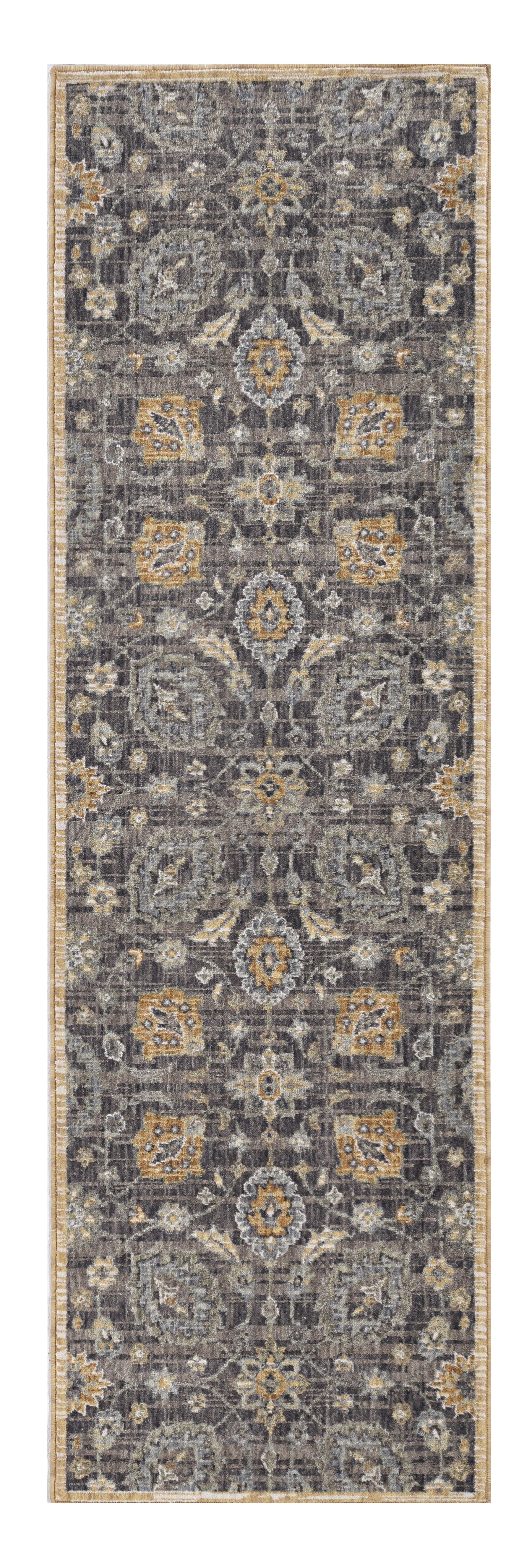 8' Taupe Orange And Gray Wool Floral Distressed Runner Rug-Area Rugs-DECOROLALA