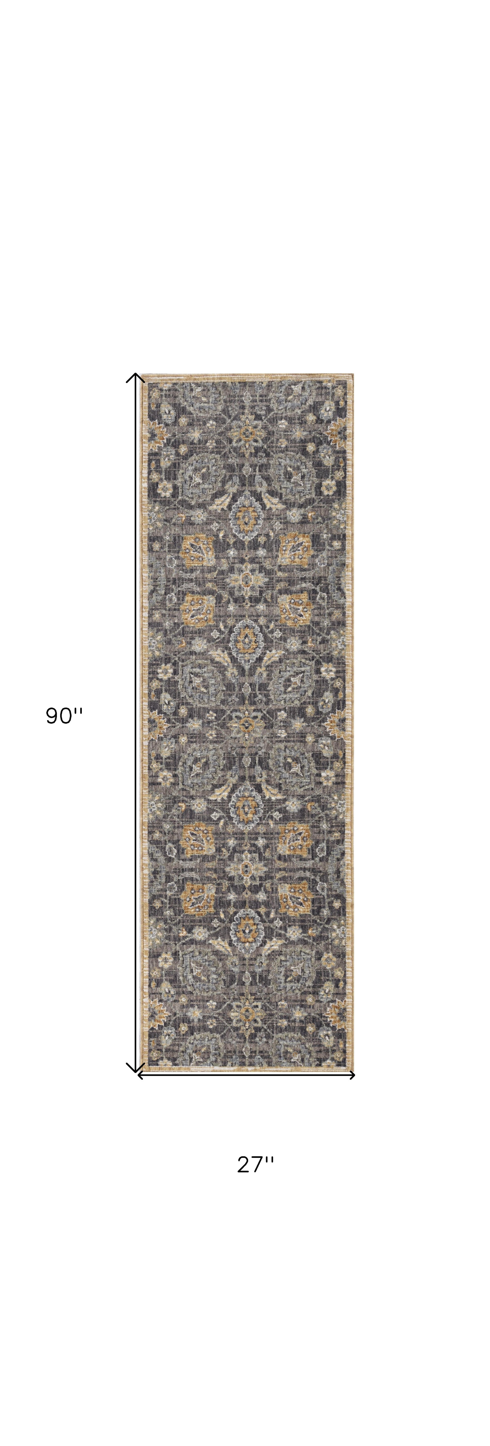 8' Taupe Orange And Gray Wool Floral Distressed Runner Rug-Area Rugs-DECOROLALA