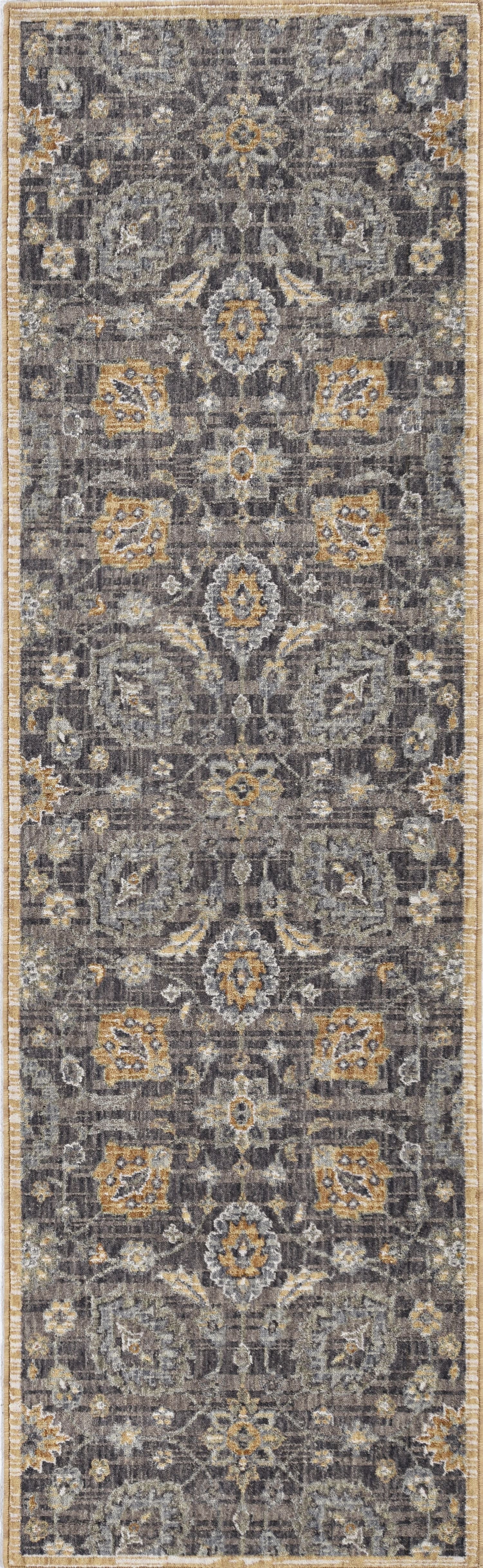 8' Taupe Orange And Gray Wool Floral Distressed Runner Rug-Area Rugs-DECOROLALA