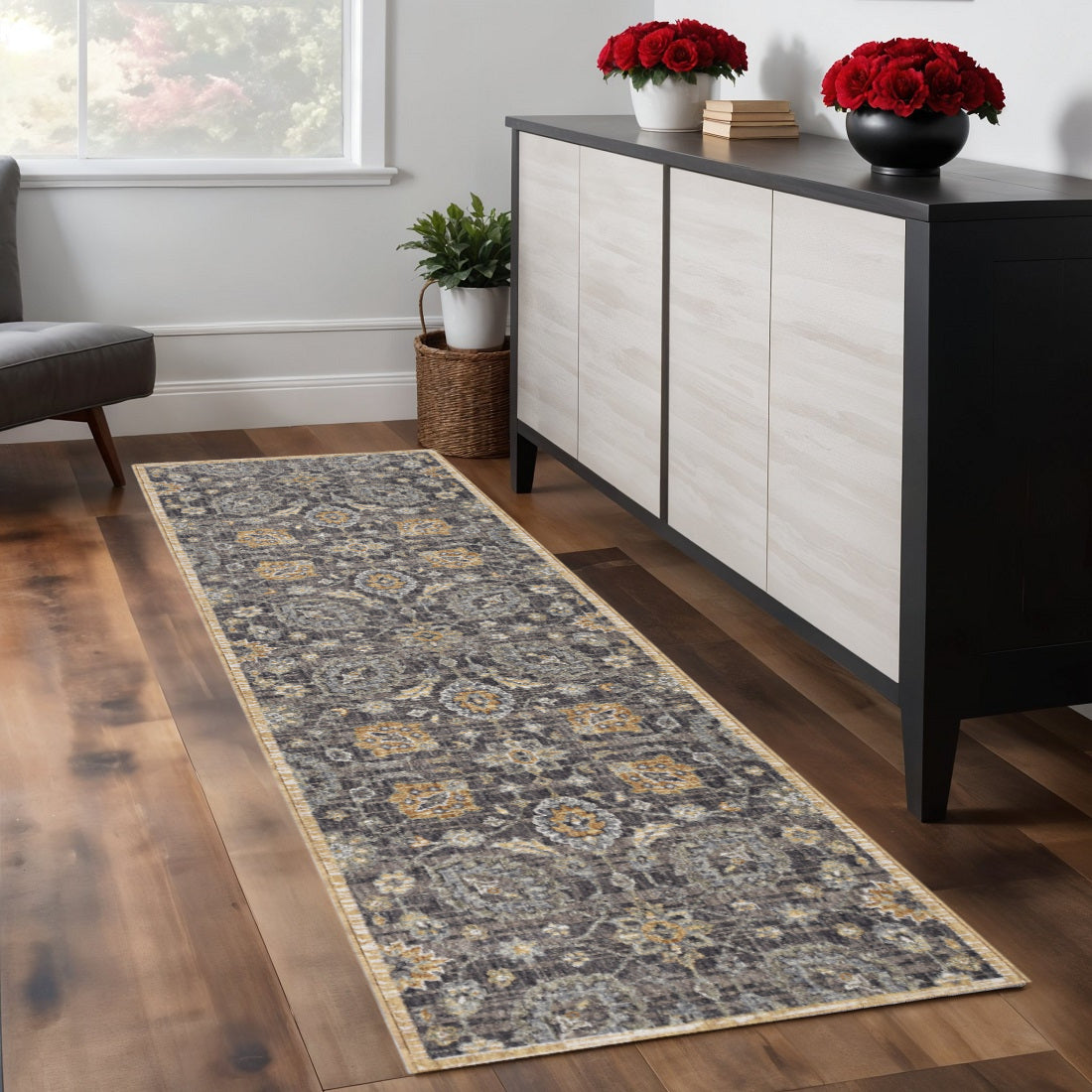 8' Taupe Orange And Gray Wool Floral Distressed Runner Rug-Area Rugs-DECOROLALA