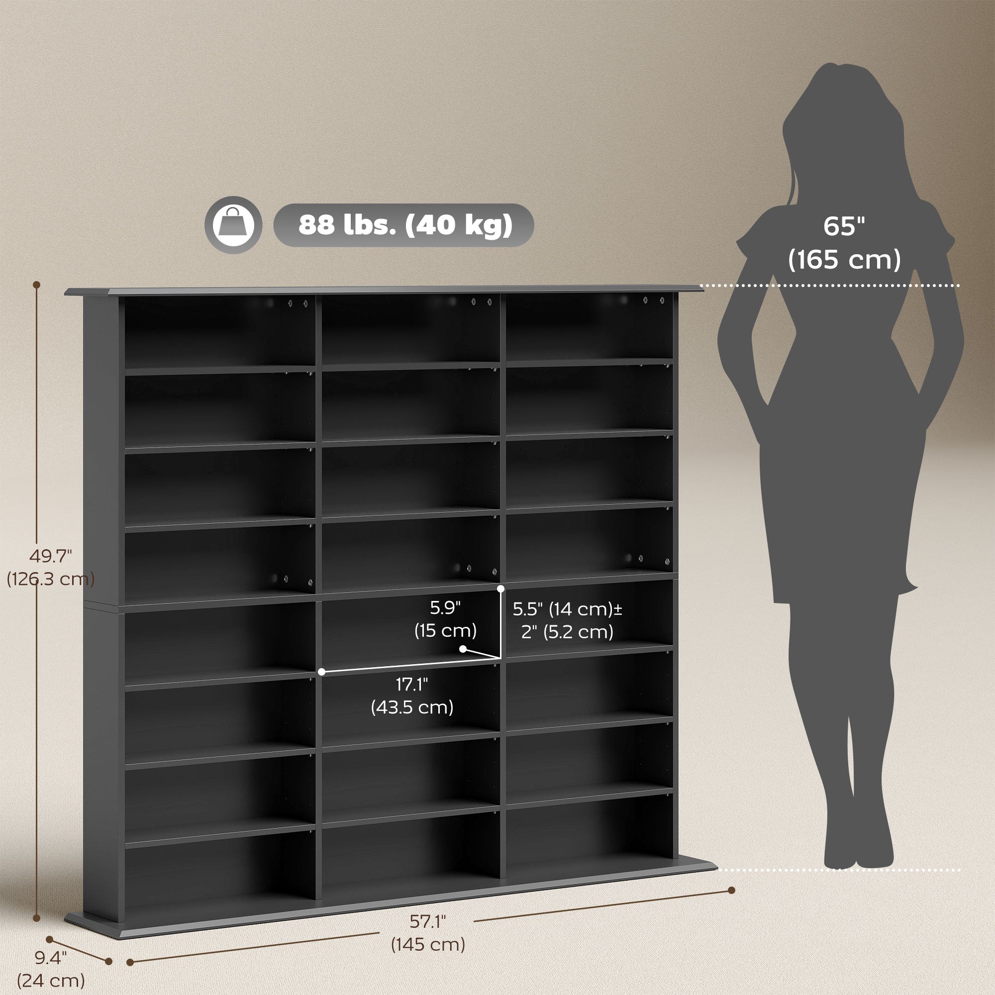 8-Tier Media Storage Cabinet - Black DVD CD Shelf 57" W-DECOROLALA