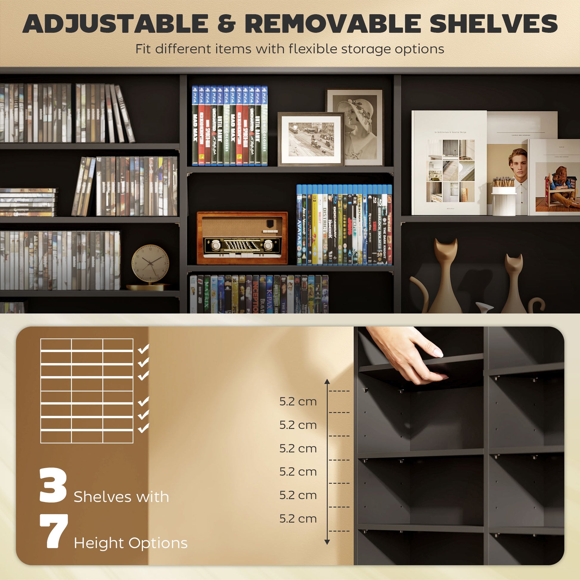 8-Tier Media Storage Cabinet - Black DVD CD Shelf 57" W-DECOROLALA