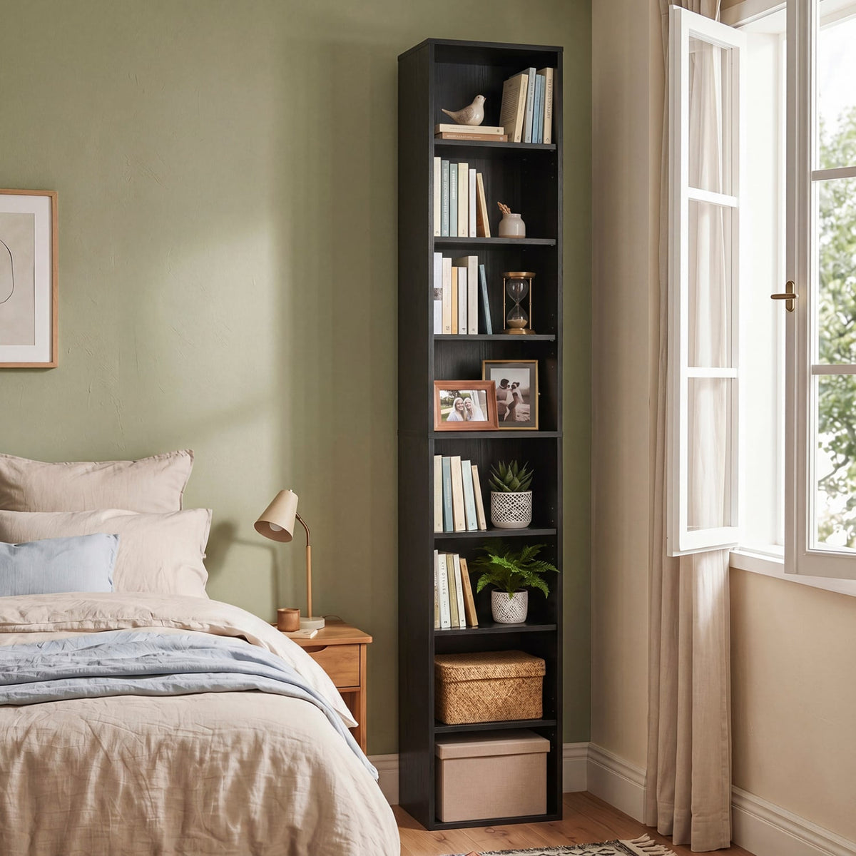 8-Tier Narrow Bookshelf with 4 Adjustable Shelves and Storage Cubes-Black-Bookcases-DECOROLALA