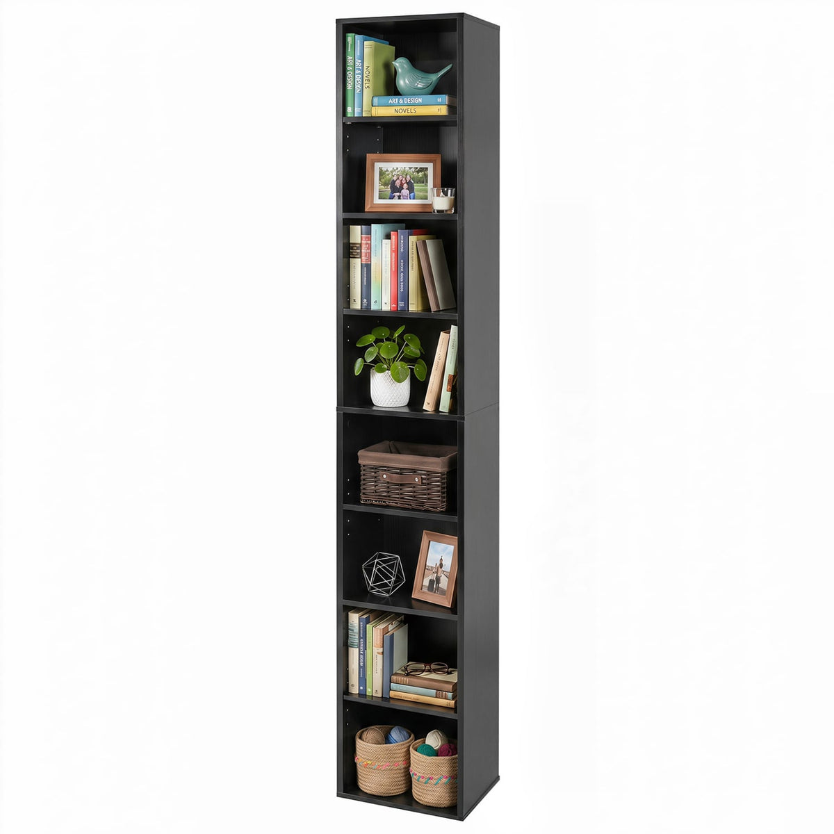8-Tier Narrow Bookshelf with 4 Adjustable Shelves and Storage Cubes-Black-Bookcases-DECOROLALA