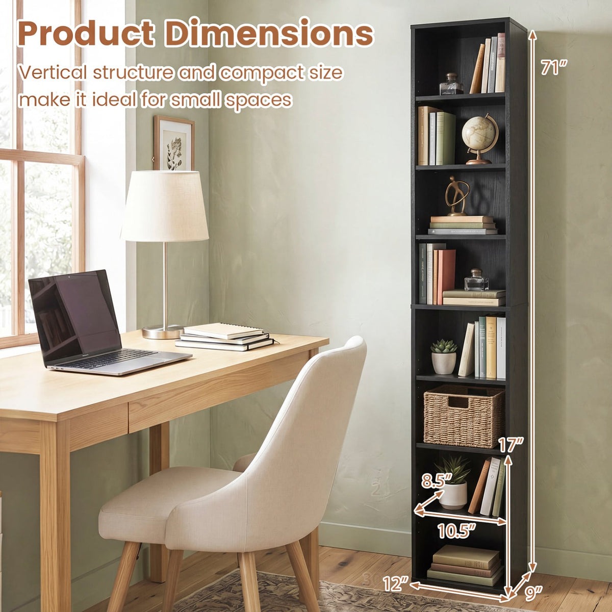 8-Tier Narrow Bookshelf with 4 Adjustable Shelves and Storage Cubes-Black-Bookcases-DECOROLALA
