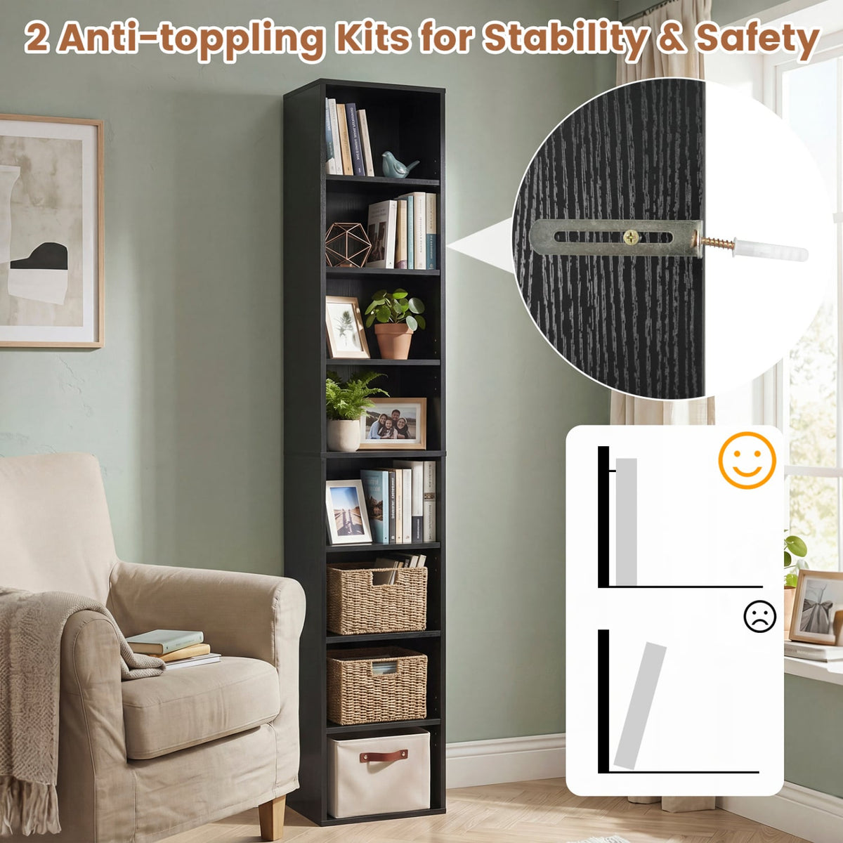 8-Tier Narrow Bookshelf with 4 Adjustable Shelves and Storage Cubes-Black-Bookcases-DECOROLALA