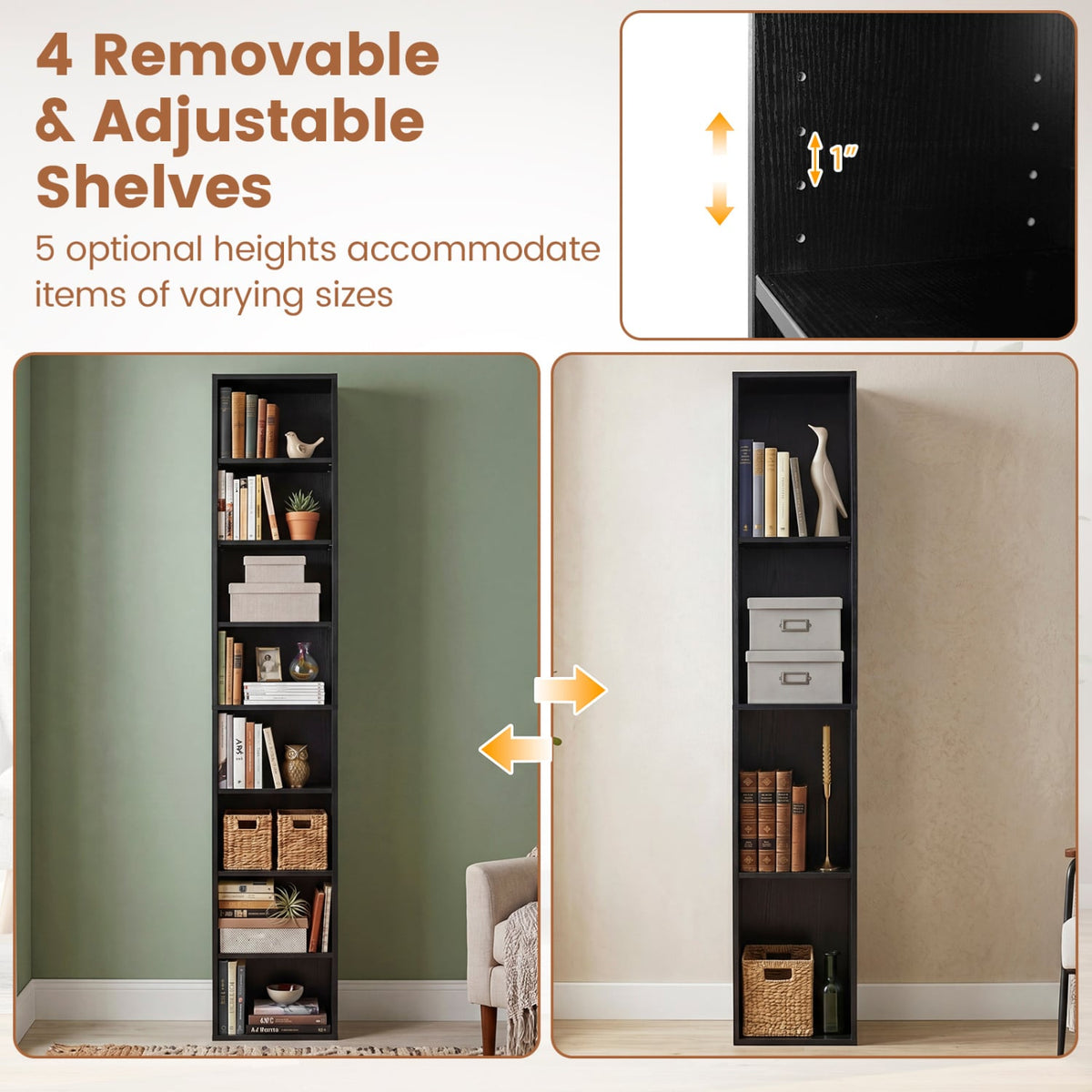 8-Tier Narrow Bookshelf with 4 Adjustable Shelves and Storage Cubes-Black-Bookcases-DECOROLALA
