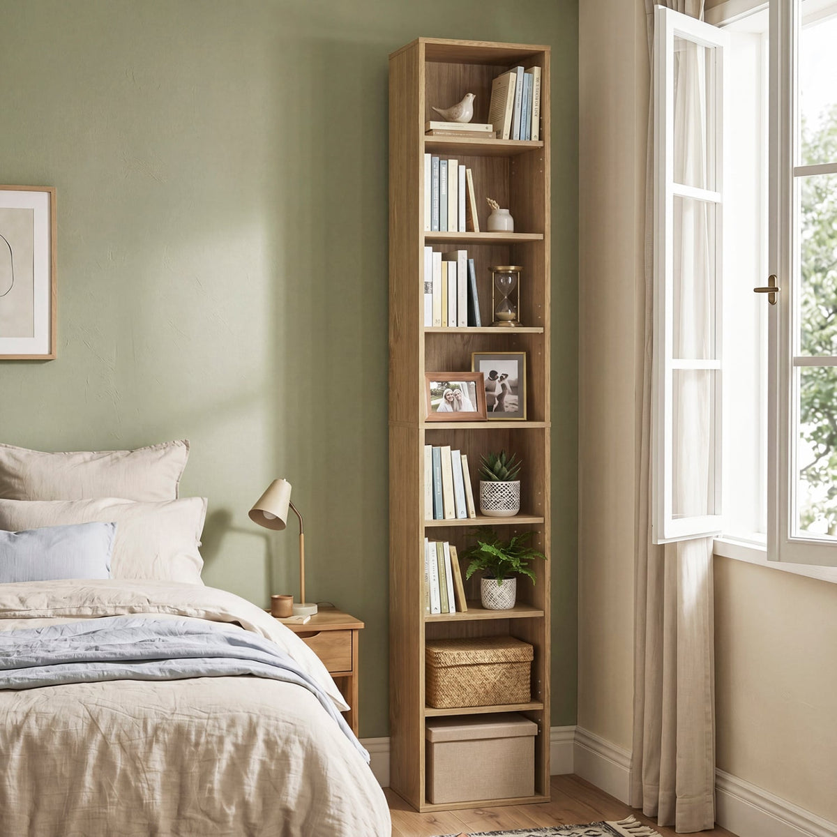 8-Tier Narrow Bookshelf with 4 Adjustable Shelves and Storage Cubes-Natural-Bookcases-DECOROLALA