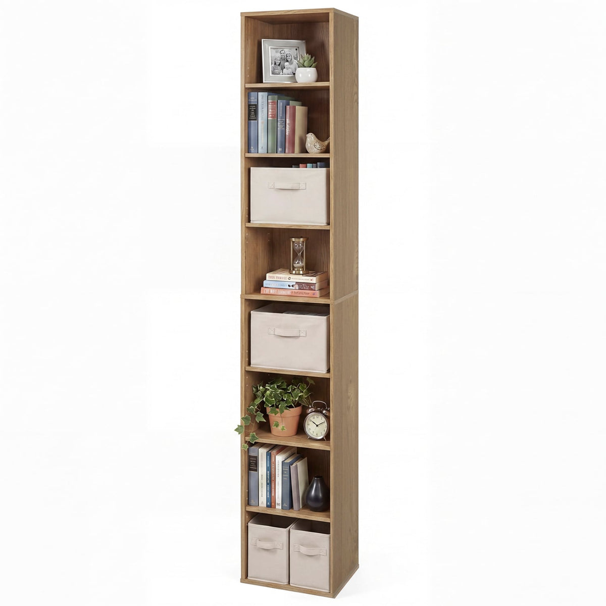 8-Tier Narrow Bookshelf with 4 Adjustable Shelves and Storage Cubes-Natural-Bookcases-DECOROLALA
