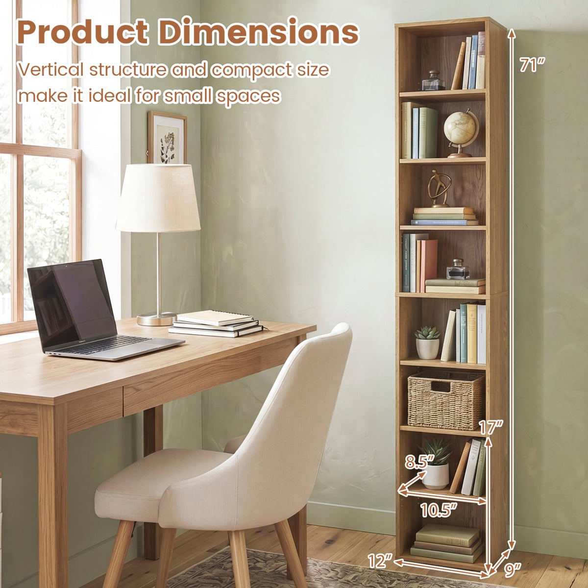 8-Tier Narrow Bookshelf with 4 Adjustable Shelves and Storage Cubes-Natural-Bookcases-DECOROLALA