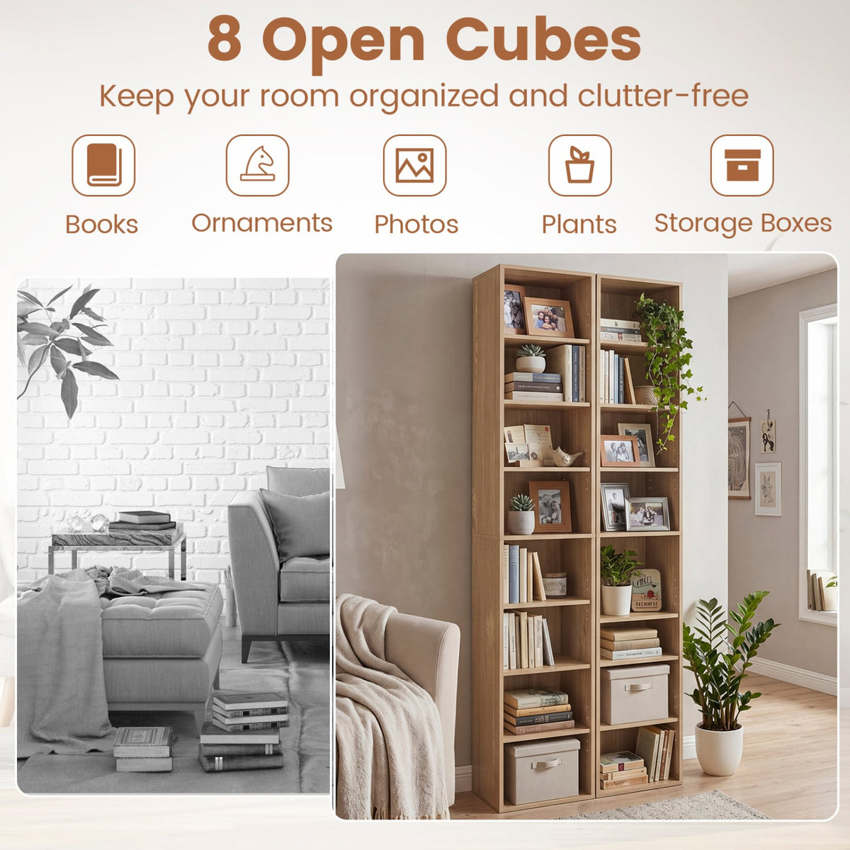 8-Tier Narrow Bookshelf with 4 Adjustable Shelves and Storage Cubes-Natural-Bookcases-DECOROLALA