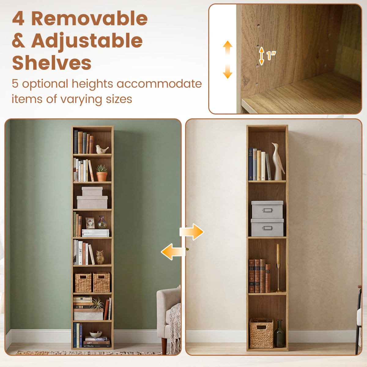 8-Tier Narrow Bookshelf with 4 Adjustable Shelves and Storage Cubes-Natural-Bookcases-DECOROLALA