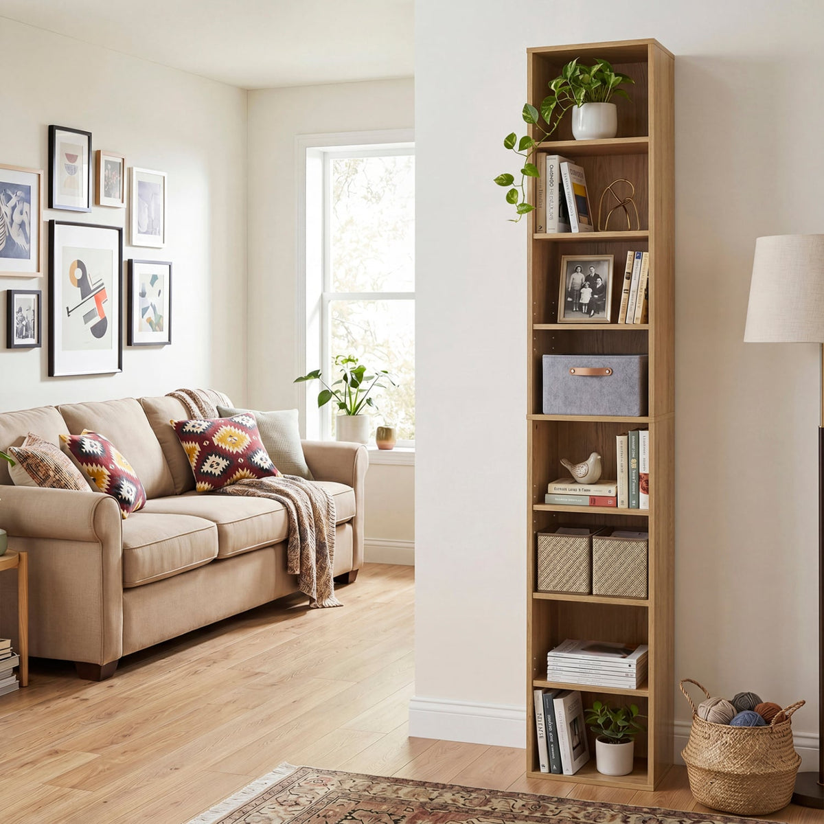8-Tier Narrow Bookshelf with 4 Adjustable Shelves and Storage Cubes-Natural-Bookcases-DECOROLALA
