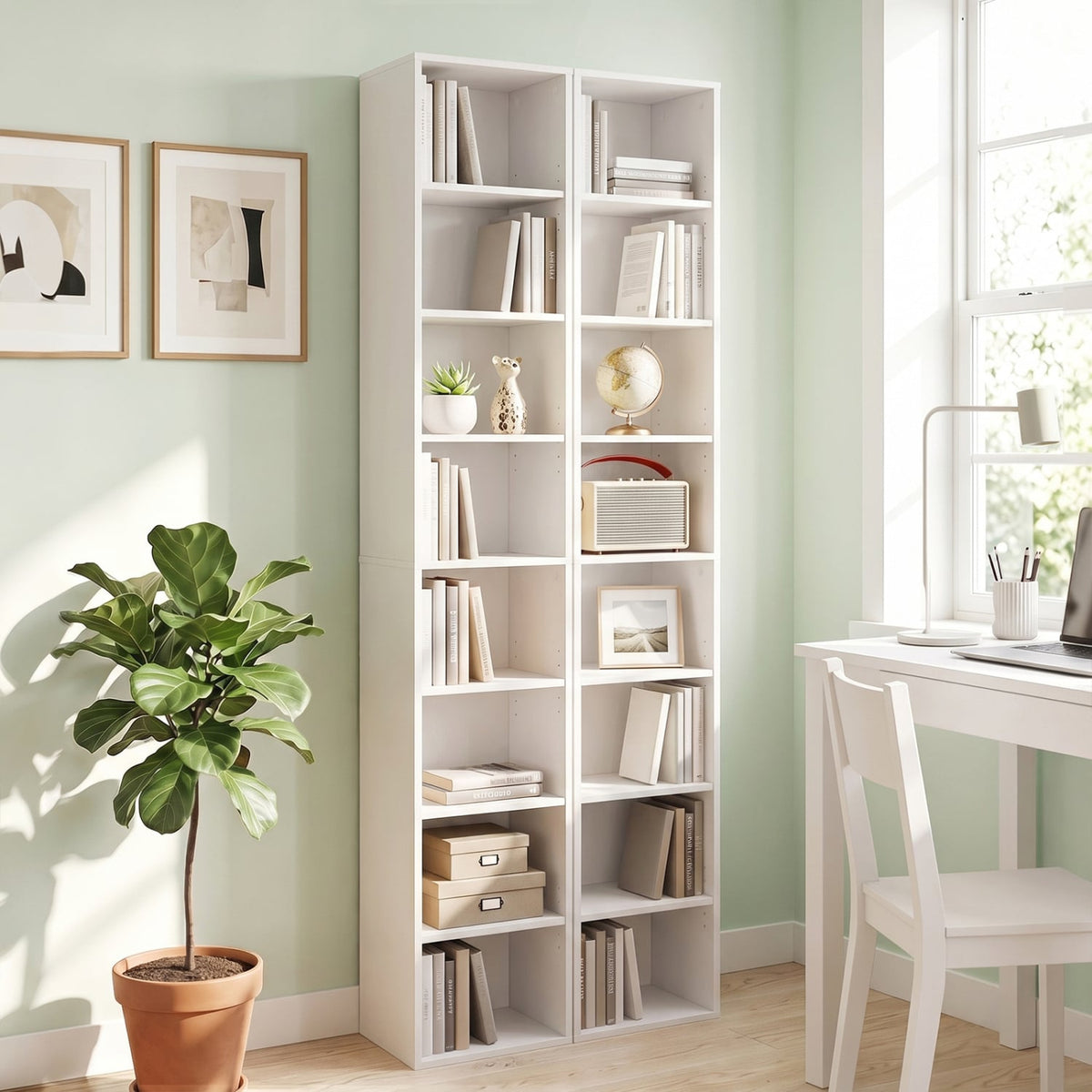 8-Tier Narrow Bookshelf with 4 Adjustable Shelves and Storage Cubes-White-Bookcases-DECOROLALA