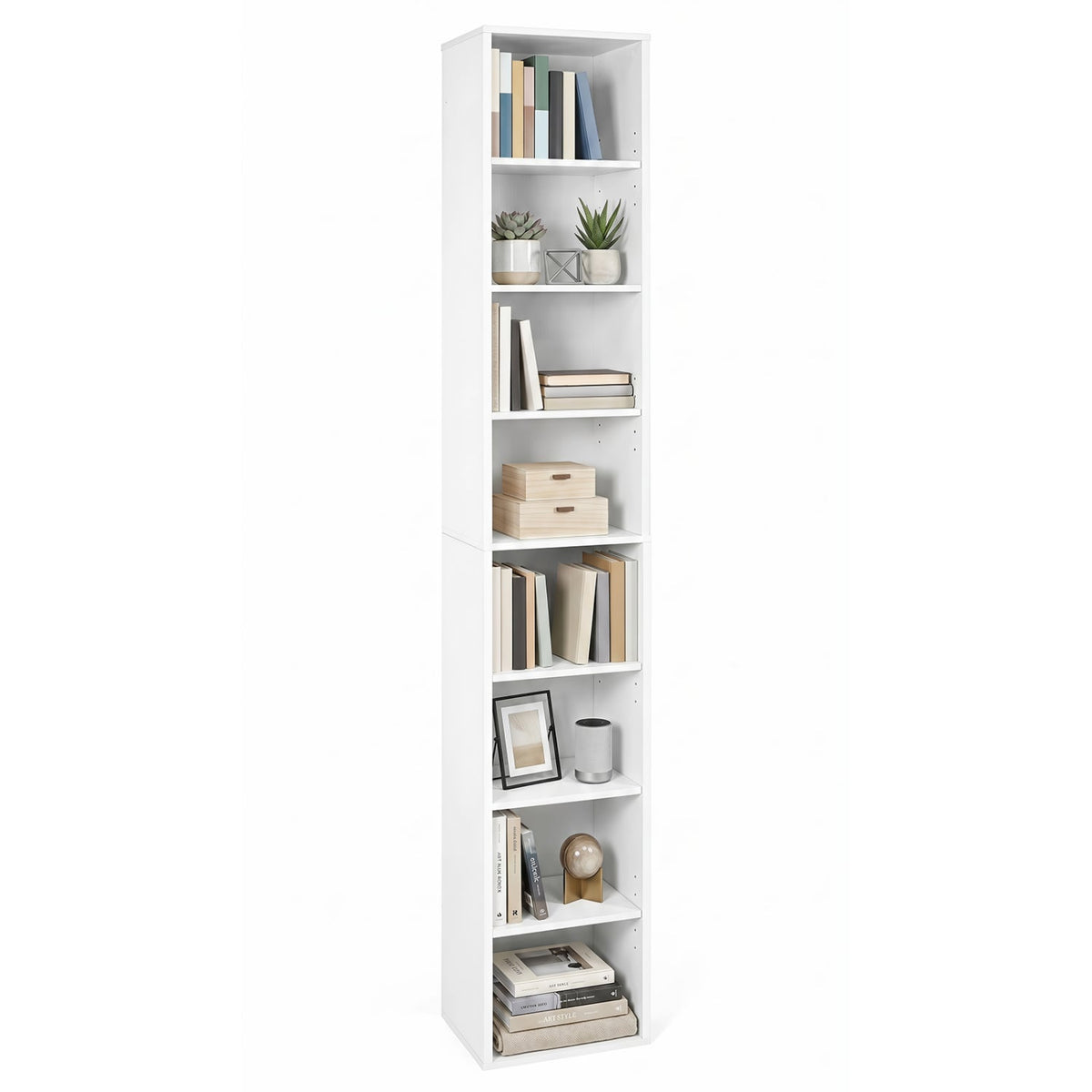 8-Tier Narrow Bookshelf with 4 Adjustable Shelves and Storage Cubes-White-Bookcases-DECOROLALA