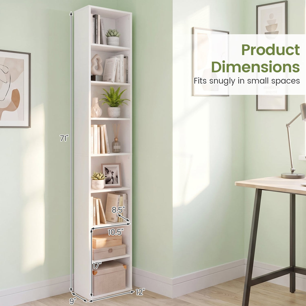 8-Tier Narrow Bookshelf with 4 Adjustable Shelves and Storage Cubes-White-Bookcases-DECOROLALA