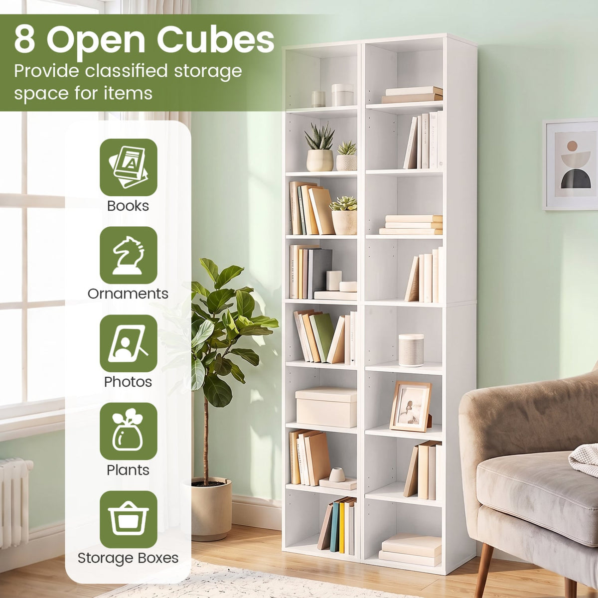 8-Tier Narrow Bookshelf with 4 Adjustable Shelves and Storage Cubes-White-Bookcases-DECOROLALA
