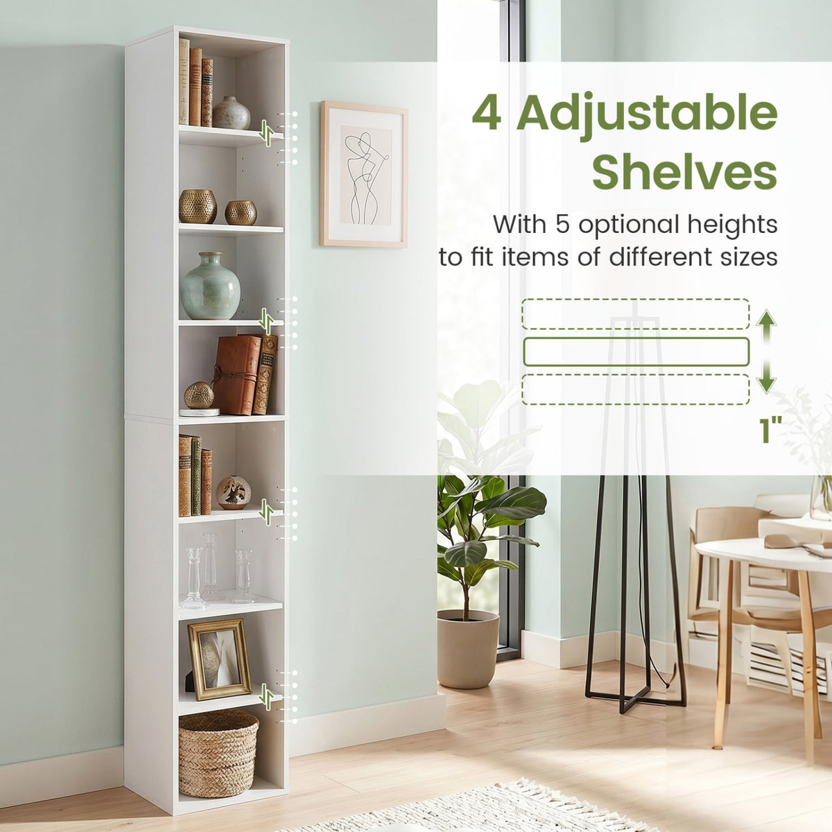 8-Tier Narrow Bookshelf with 4 Adjustable Shelves and Storage Cubes-White-Bookcases-DECOROLALA