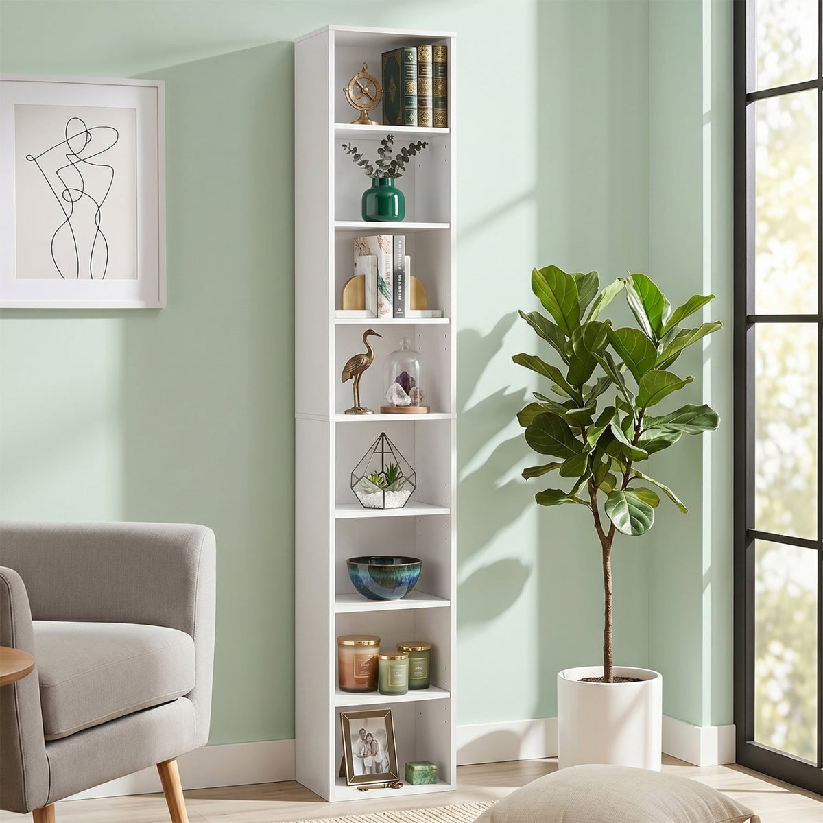 8-Tier Narrow Bookshelf with 4 Adjustable Shelves and Storage Cubes-White-Bookcases-DECOROLALA