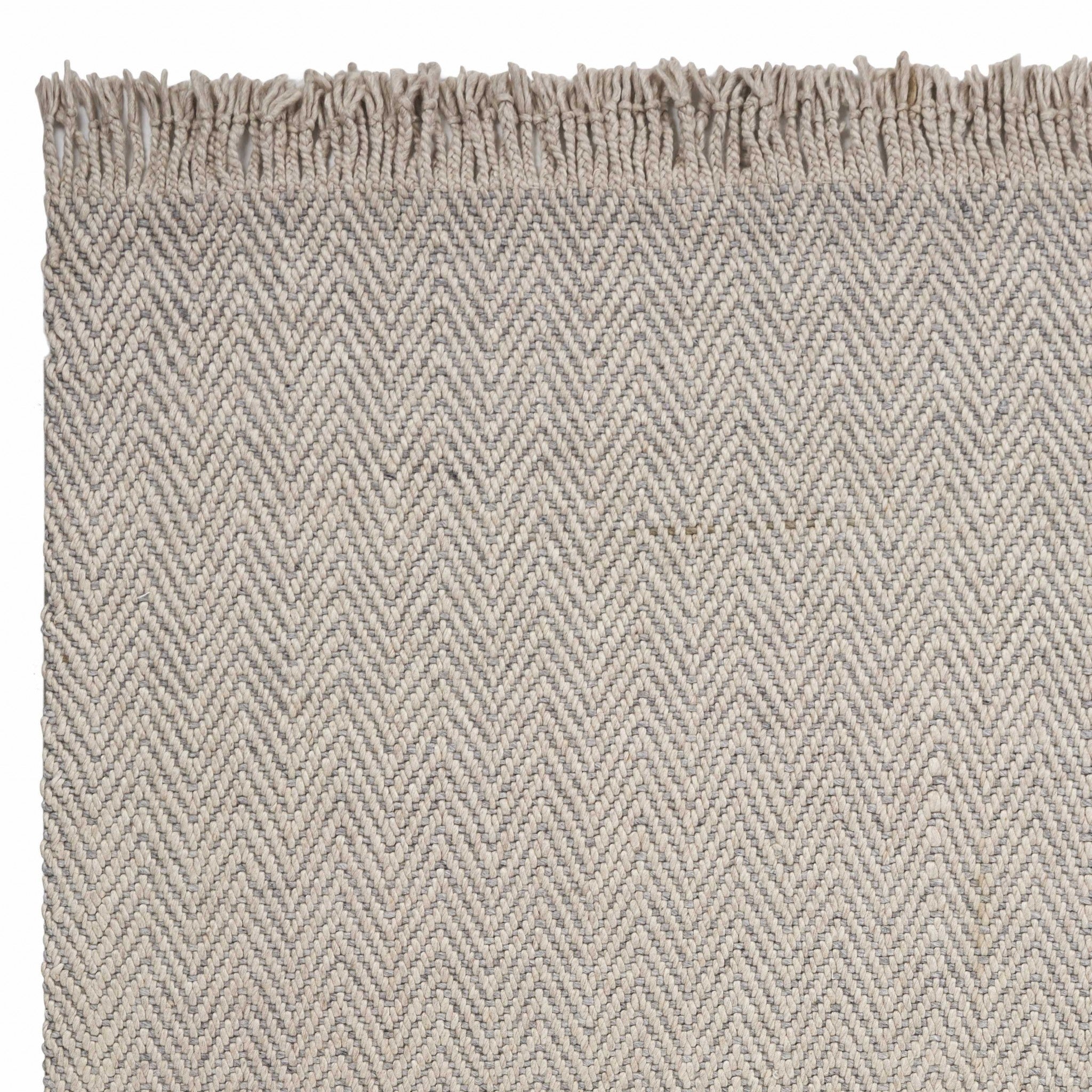 8' X 10' Beige And Gray Wool Chevron Hand Woven Area Rug With Fringe-Area Rugs-DECOROLALA