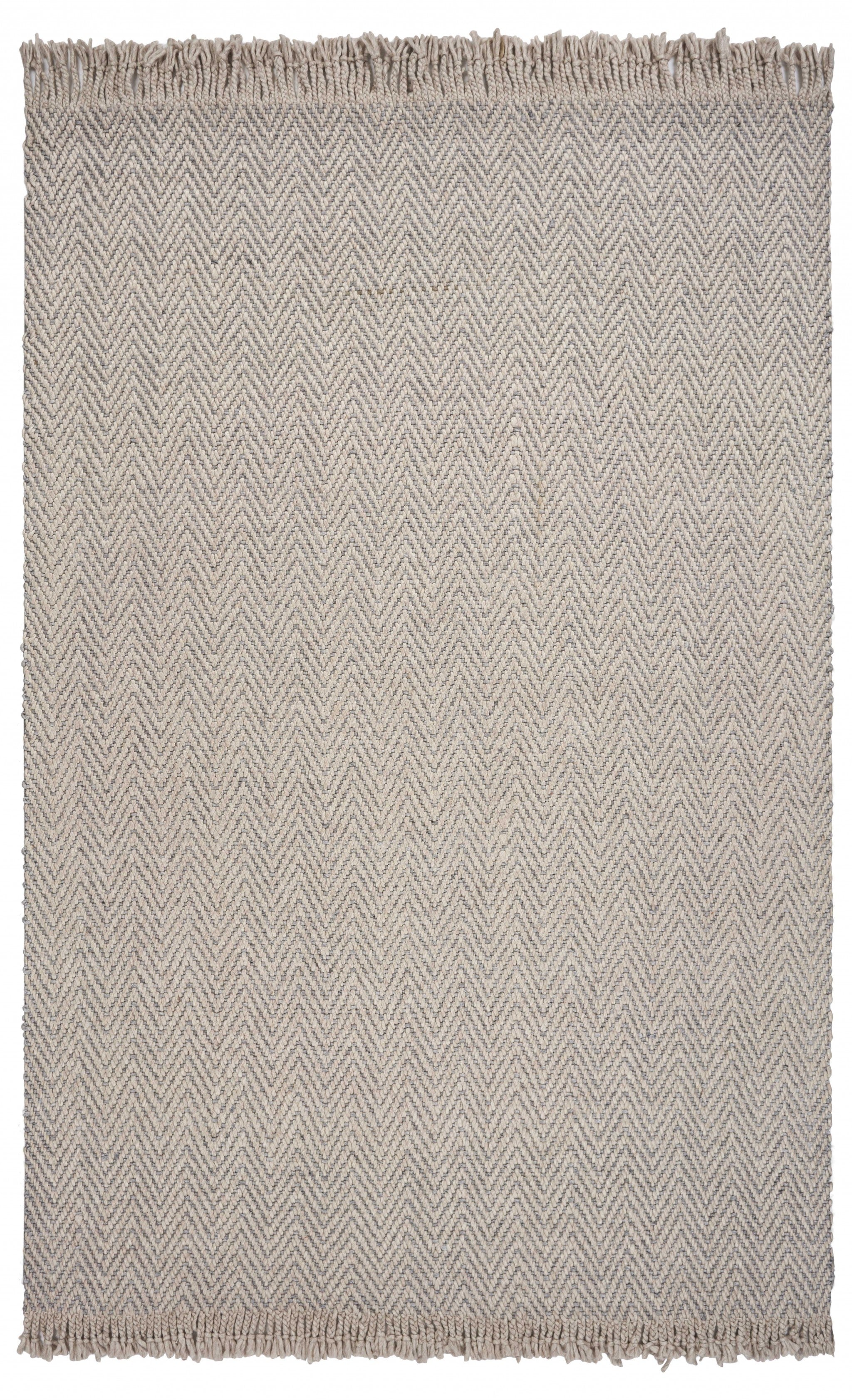 8' X 10' Beige And Gray Wool Chevron Hand Woven Area Rug With Fringe-Area Rugs-DECOROLALA