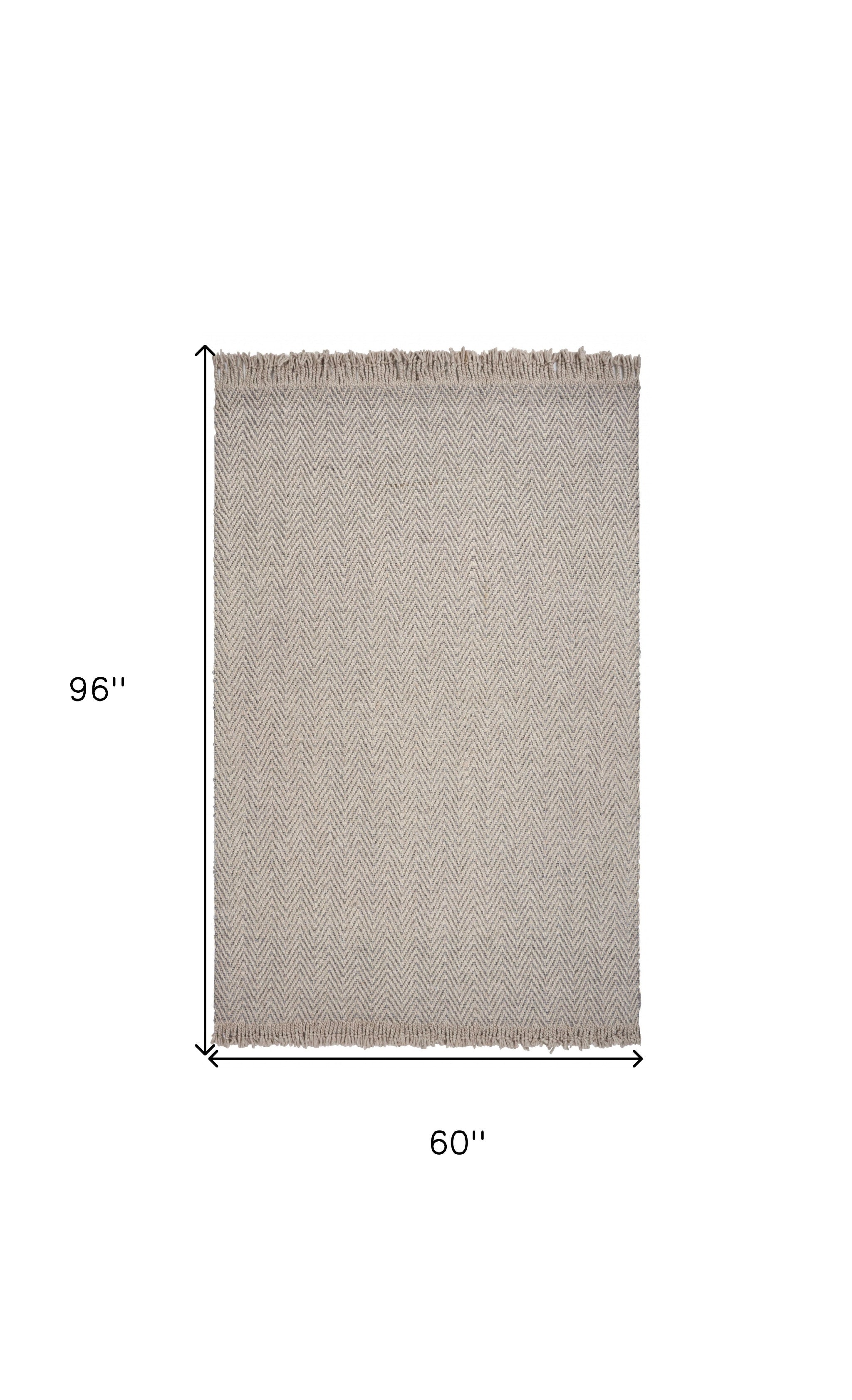8' X 10' Beige And Gray Wool Chevron Hand Woven Area Rug With Fringe-Area Rugs-DECOROLALA