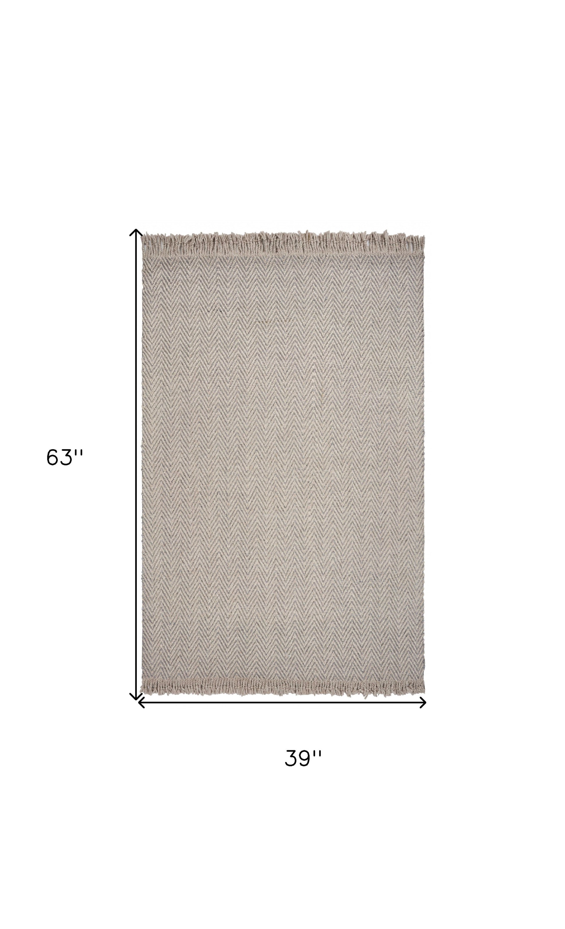 8' X 10' Beige And Gray Wool Chevron Hand Woven Area Rug With Fringe-Area Rugs-DECOROLALA