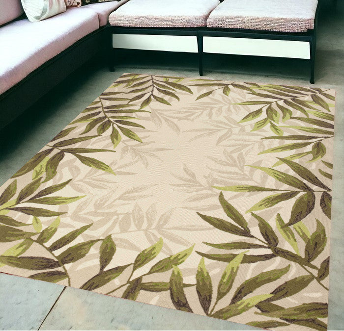 8' X 10' Beige Floral Handmade Indoor Outdoor Area Rug-Outdoor Rugs-DECOROLALA