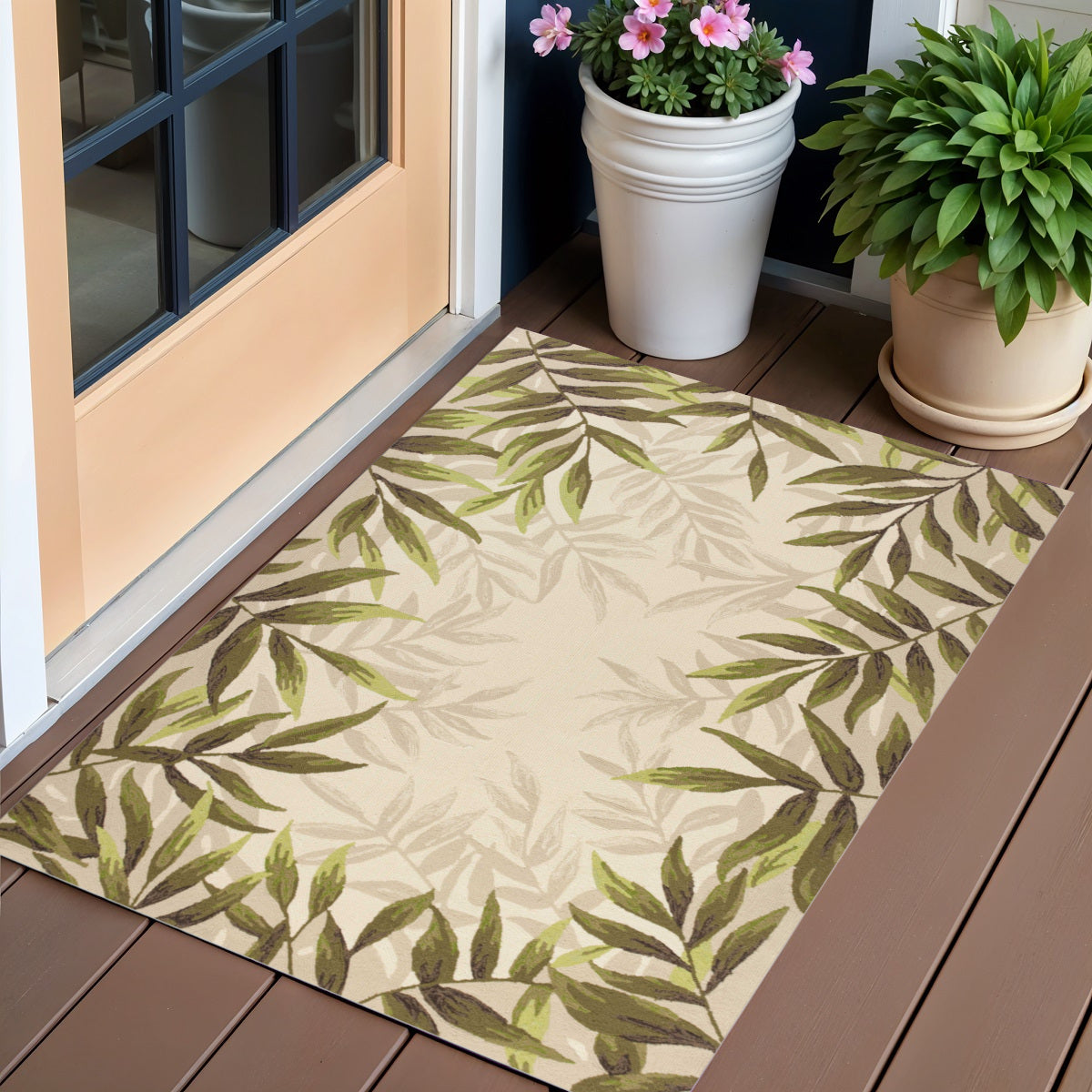 8' X 10' Beige Floral Handmade Indoor Outdoor Area Rug-Outdoor Rugs-DECOROLALA