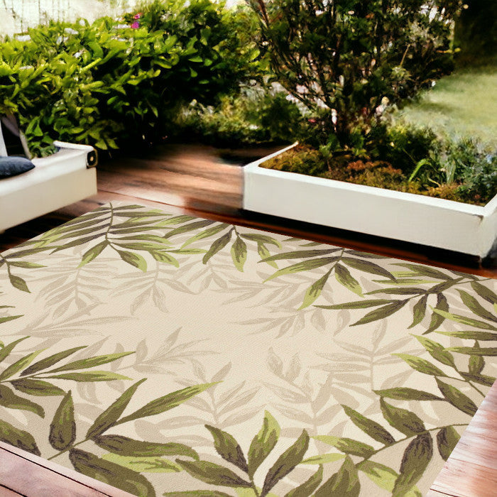 8' X 10' Beige Floral Handmade Indoor Outdoor Area Rug-Outdoor Rugs-DECOROLALA