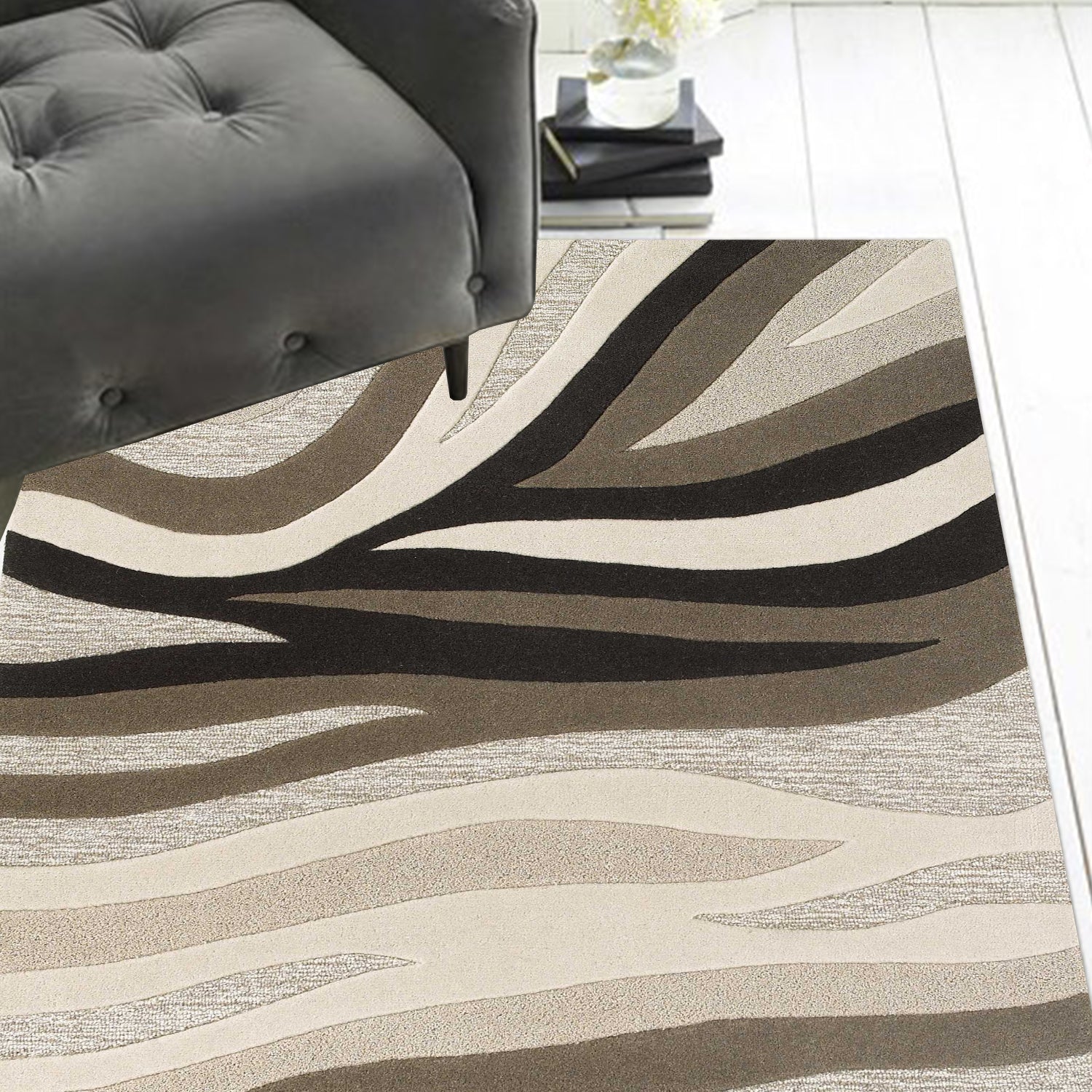 8' X 10' Beige Ivory And Black Wool Abstract Hand Tufted Area Rug-Area Rugs-DECOROLALA