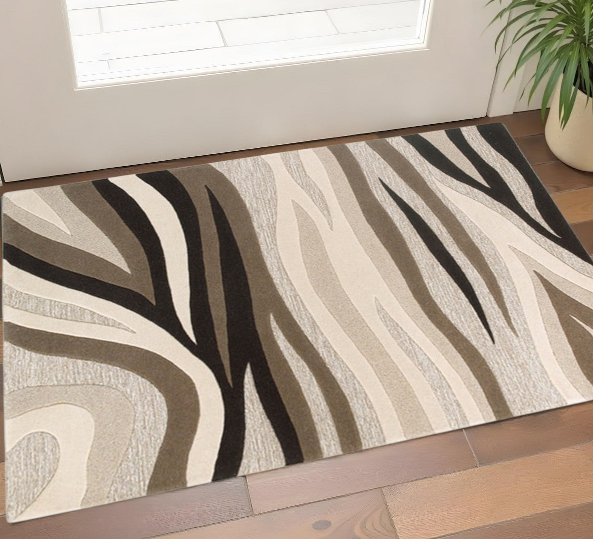 8' X 10' Beige Ivory And Black Wool Abstract Hand Tufted Area Rug-Area Rugs-DECOROLALA