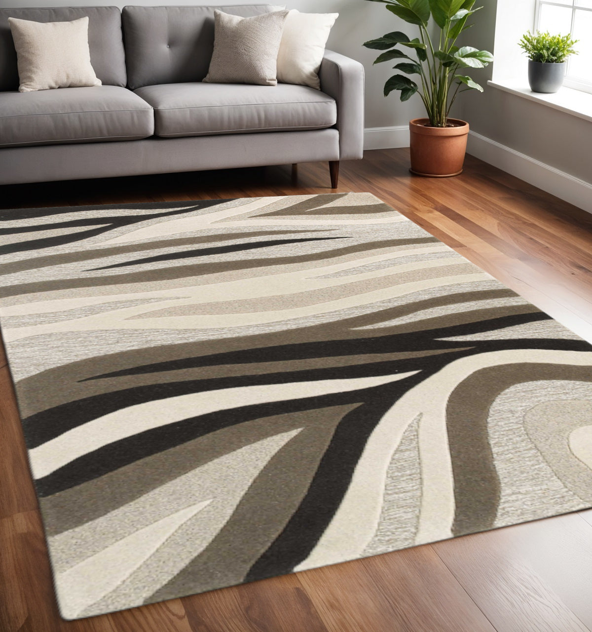 8' X 10' Beige Ivory And Black Wool Abstract Hand Tufted Area Rug-Area Rugs-DECOROLALA