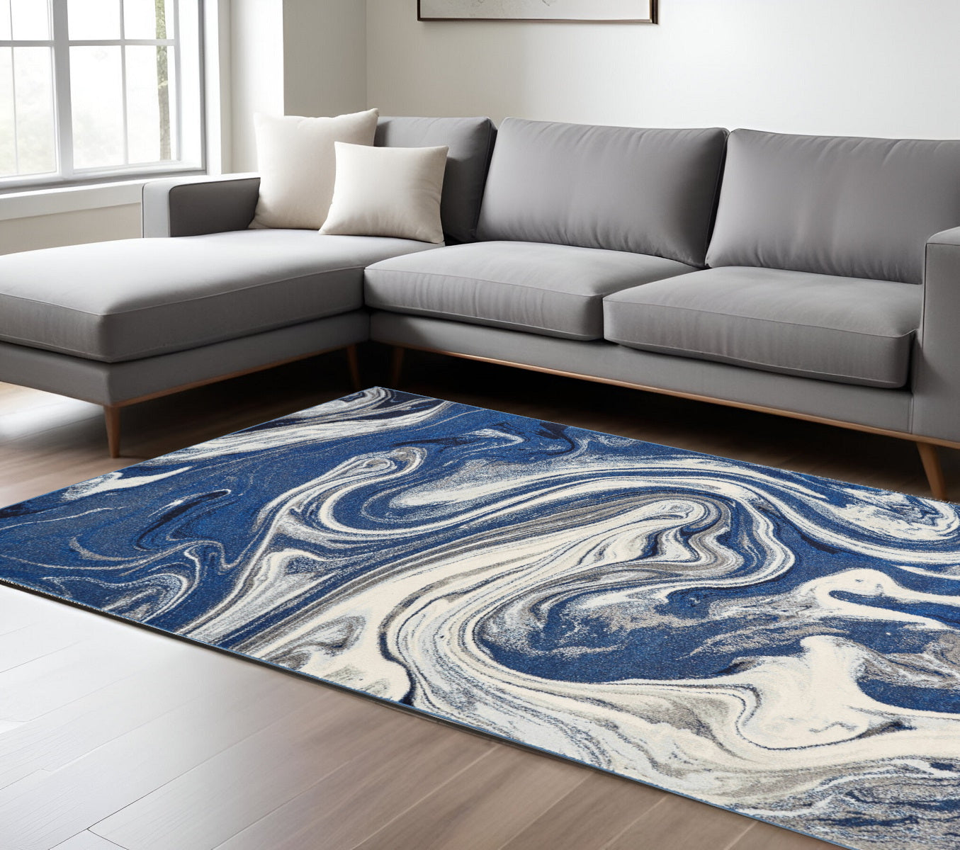 8' X 10' Blue And Beige Abstract Shag Area Rug-Area Rugs-DECOROLALA
