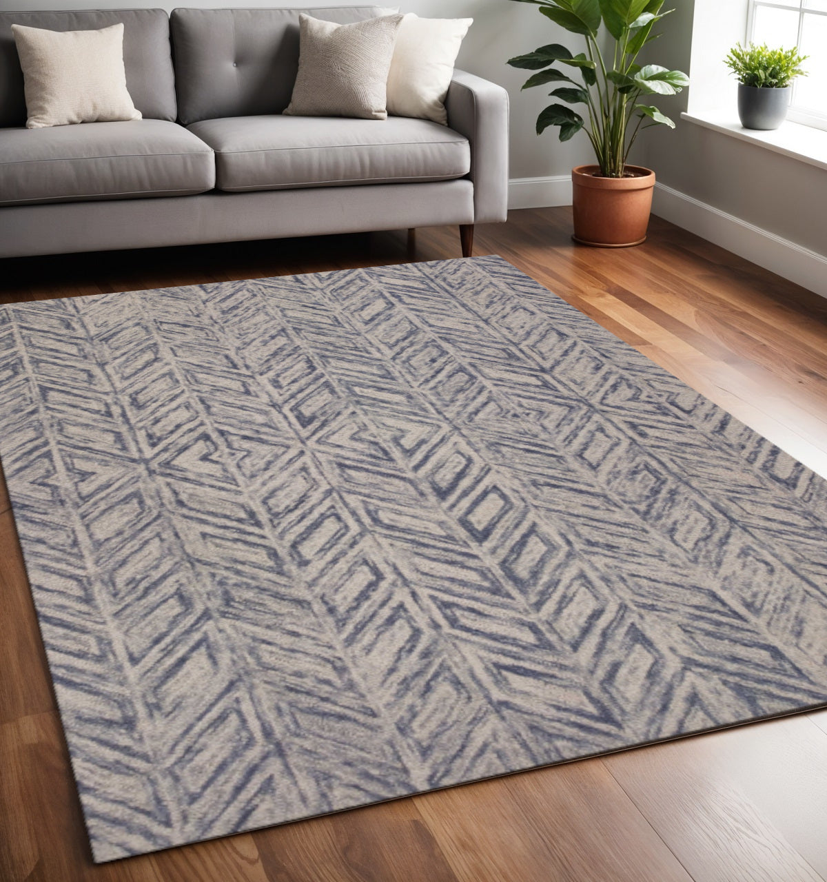 8' X 10' Blue And Beige Wool Chevron Hand Tufted Area Rug-Area Rugs-DECOROLALA