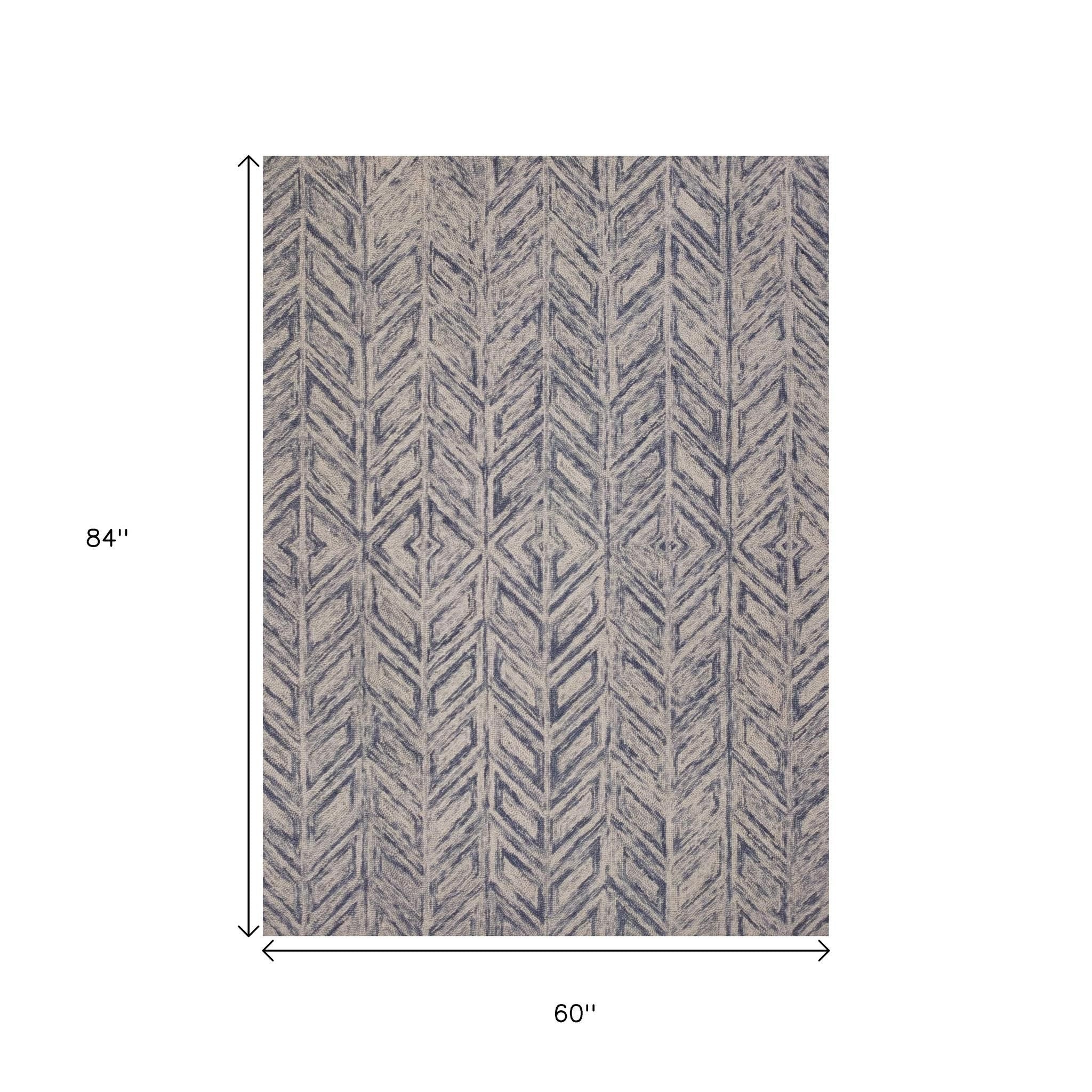 8' X 10' Blue And Beige Wool Chevron Hand Tufted Area Rug-Area Rugs-DECOROLALA