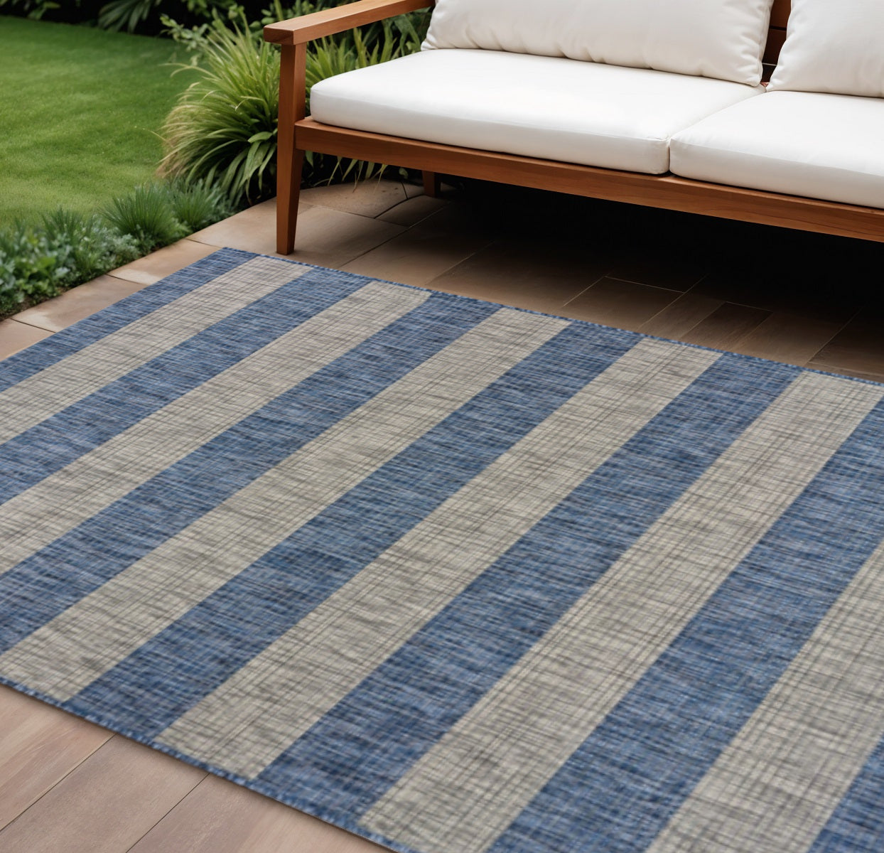 8' X 10' Blue And Gray Indoor Outdoor Area Rug-Outdoor Rugs-DECOROLALA