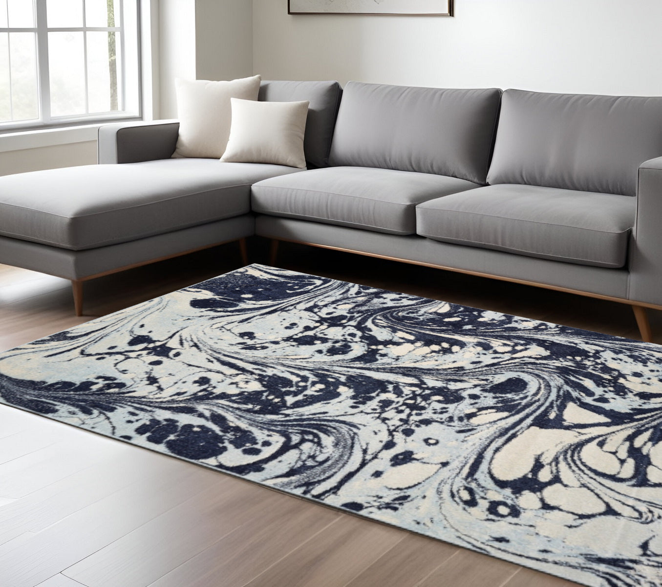 8' X 10' Blue And Ivory Abstract Shag Area Rug-Area Rugs-DECOROLALA