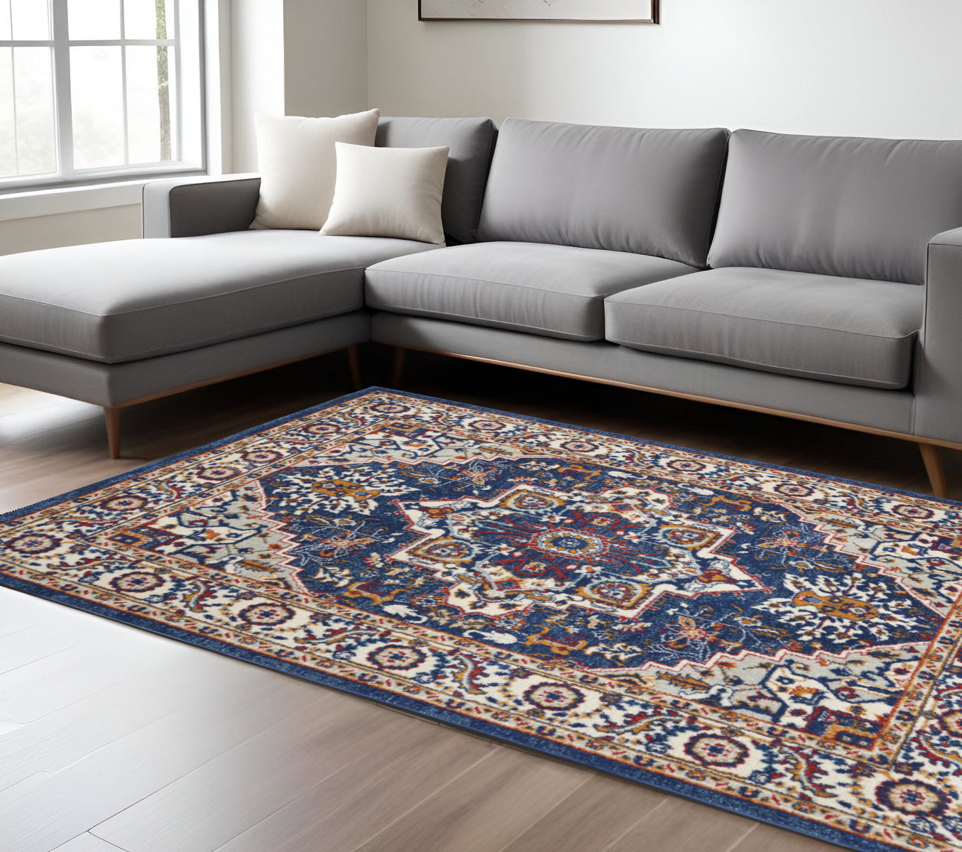 8' X 10' Blue And Ivory Medallion Distressed Area Rug-Area Rugs-DECOROLALA